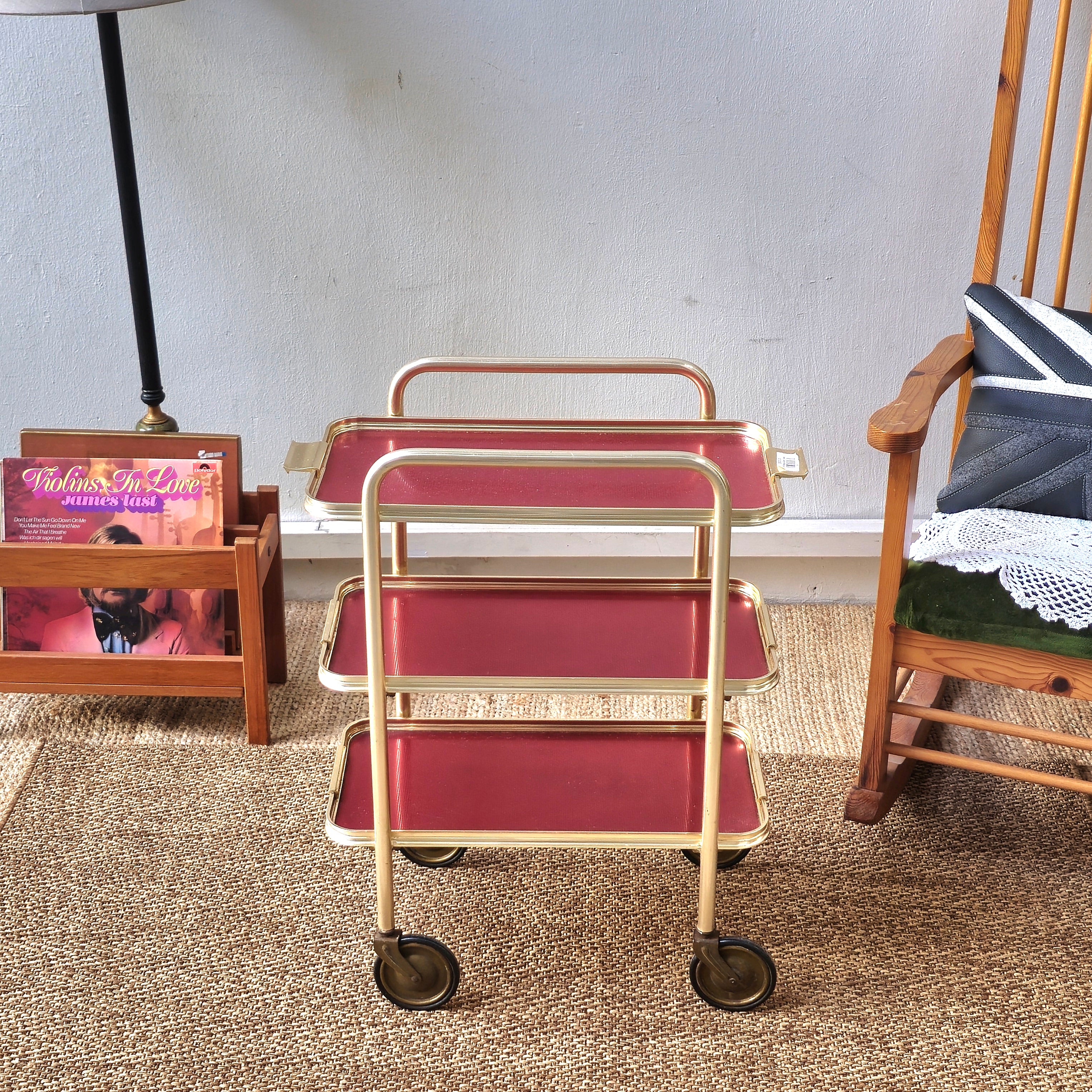 Vintage Mid-Century 3-Tier Hollywood Regency Trolley – Brass & Burgundy Bar Cart (Circa 1950s/60s)