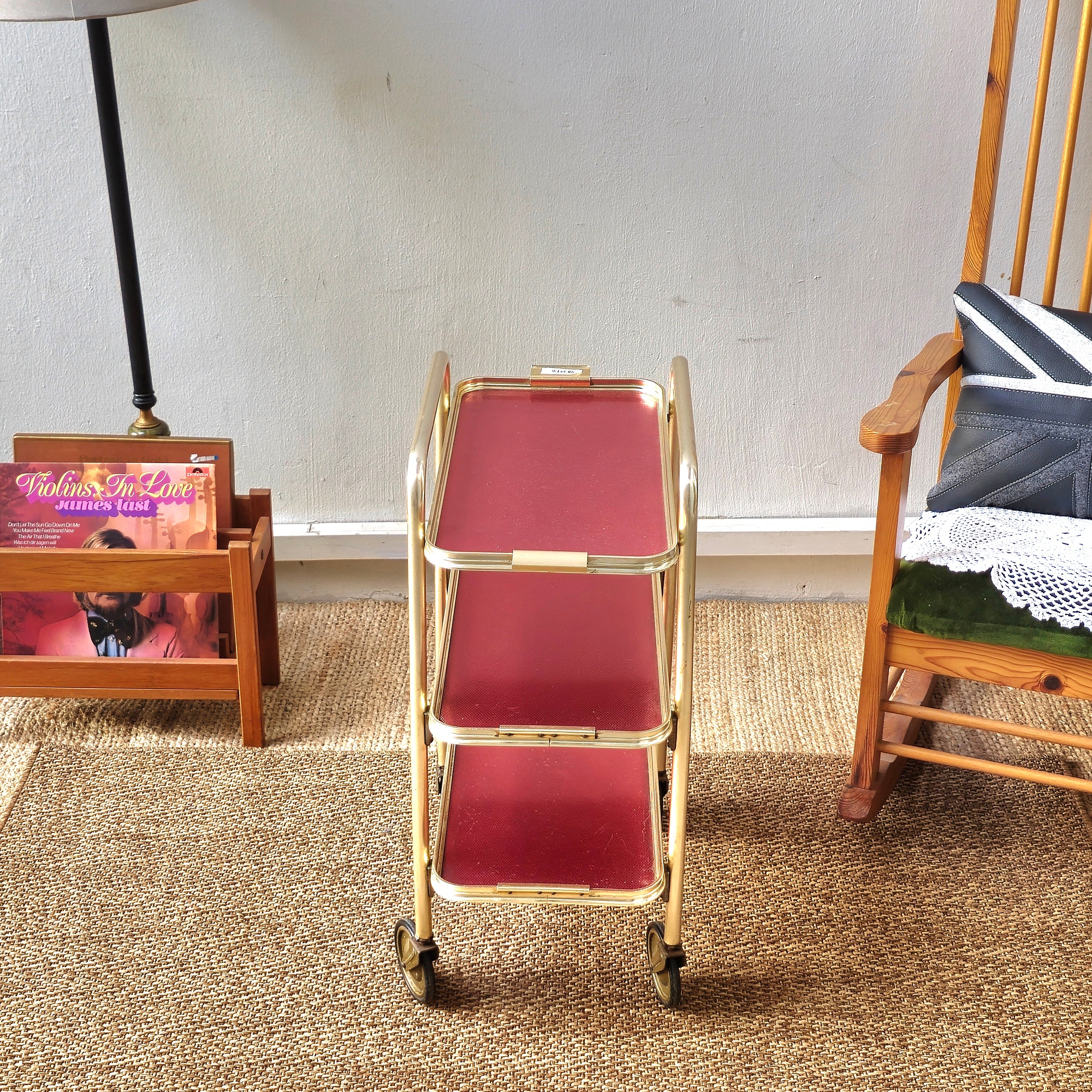 Vintage Mid-Century 3-Tier Hollywood Regency Trolley – Brass & Burgundy Bar Cart (Circa 1950s/60s)