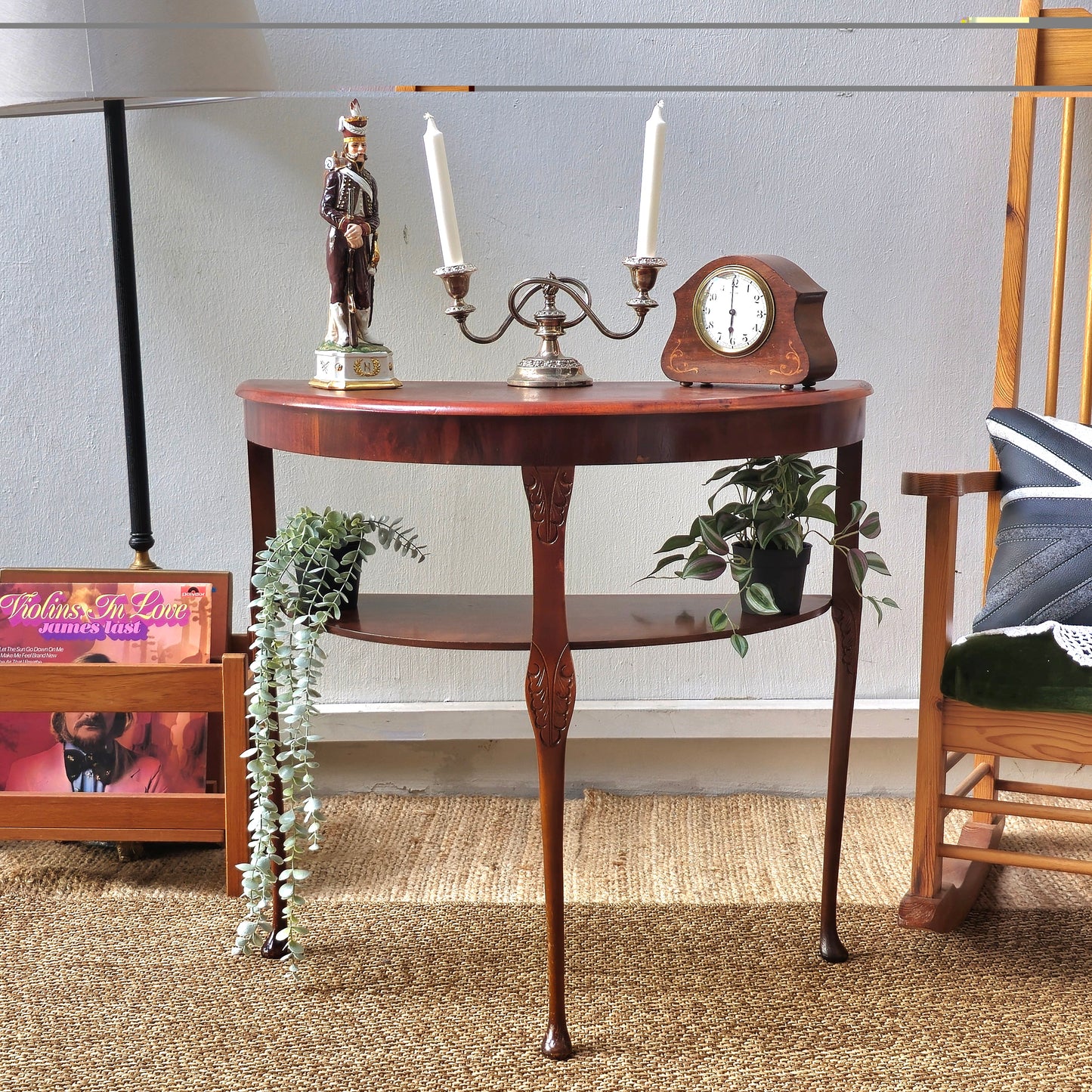Antique Mahogany Demilune Console Table with Lower Shelf & Carved Legs