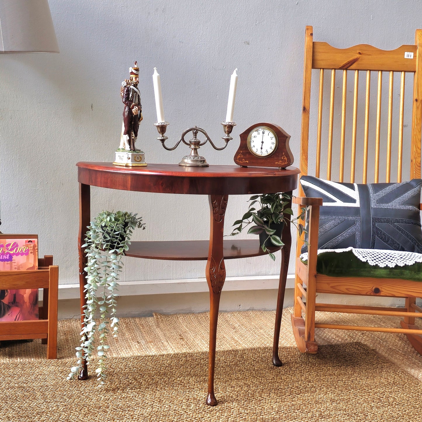 Antique Mahogany Demilune Console Table with Lower Shelf & Carved Legs