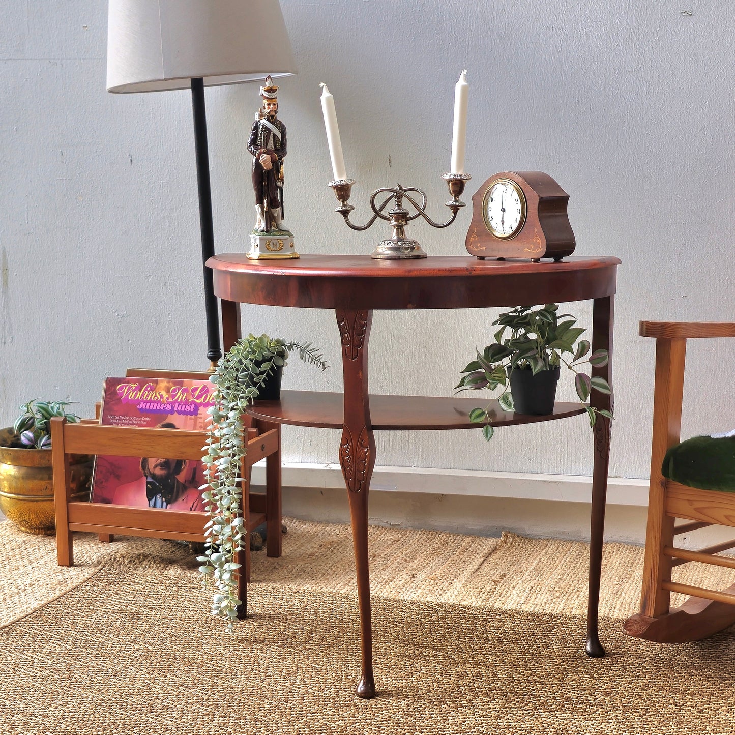 Antique Mahogany Demilune Console Table with Lower Shelf & Carved Legs