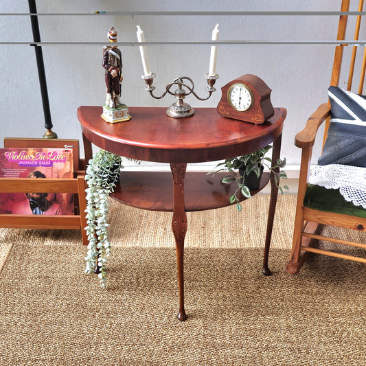 Antique Mahogany Demilune Console Table with Lower Shelf & Carved Legs