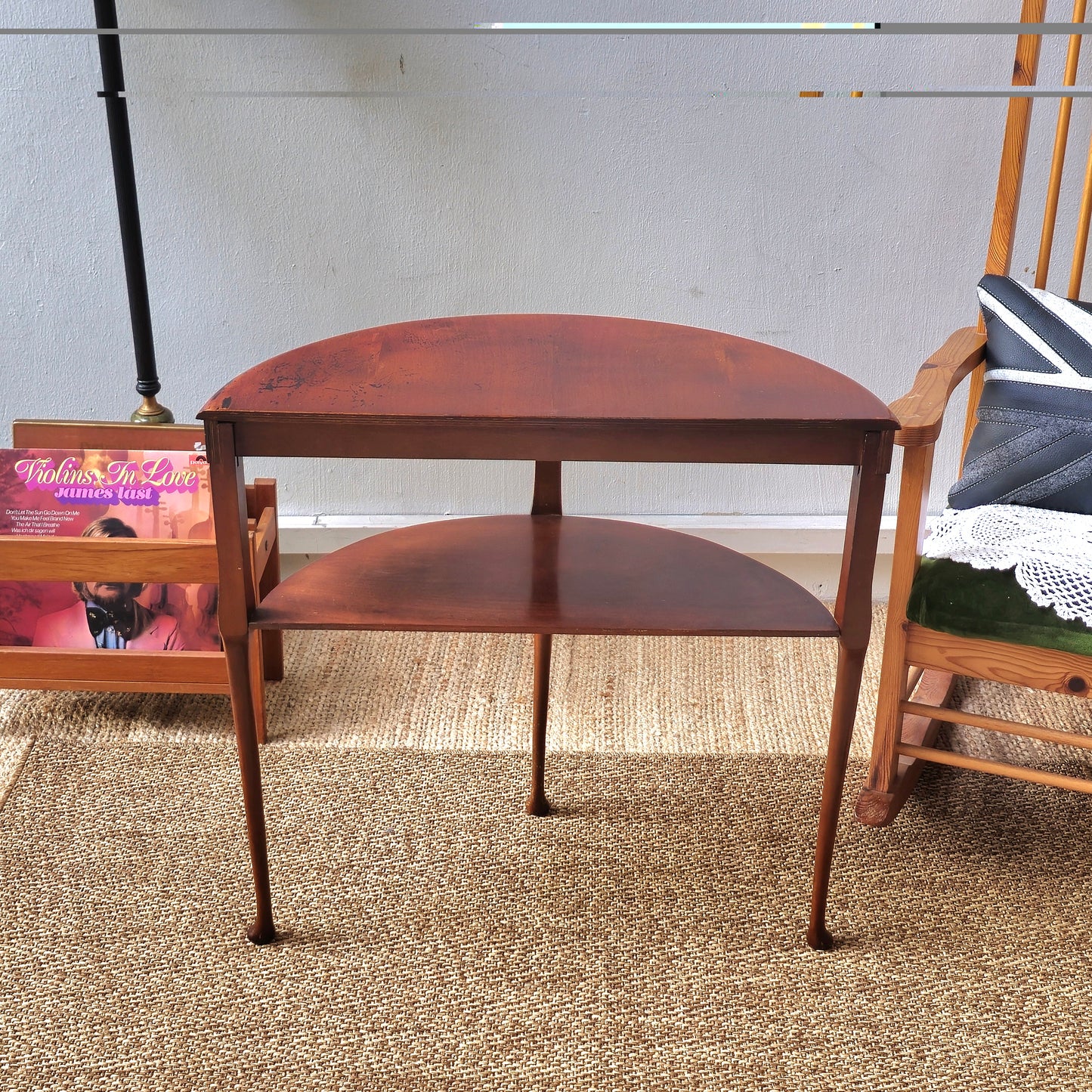 Antique Mahogany Demilune Console Table with Lower Shelf & Carved Legs