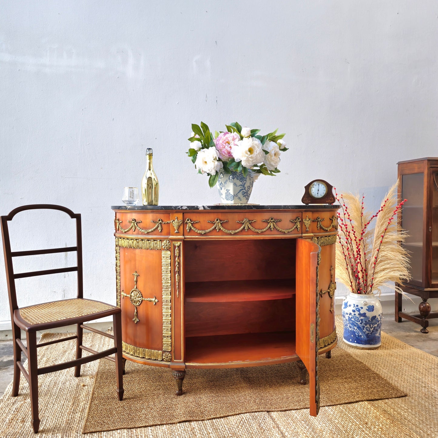 Antique Louis XVI-Style Marble-Top Demilune Commode with Ormolu Mounts
