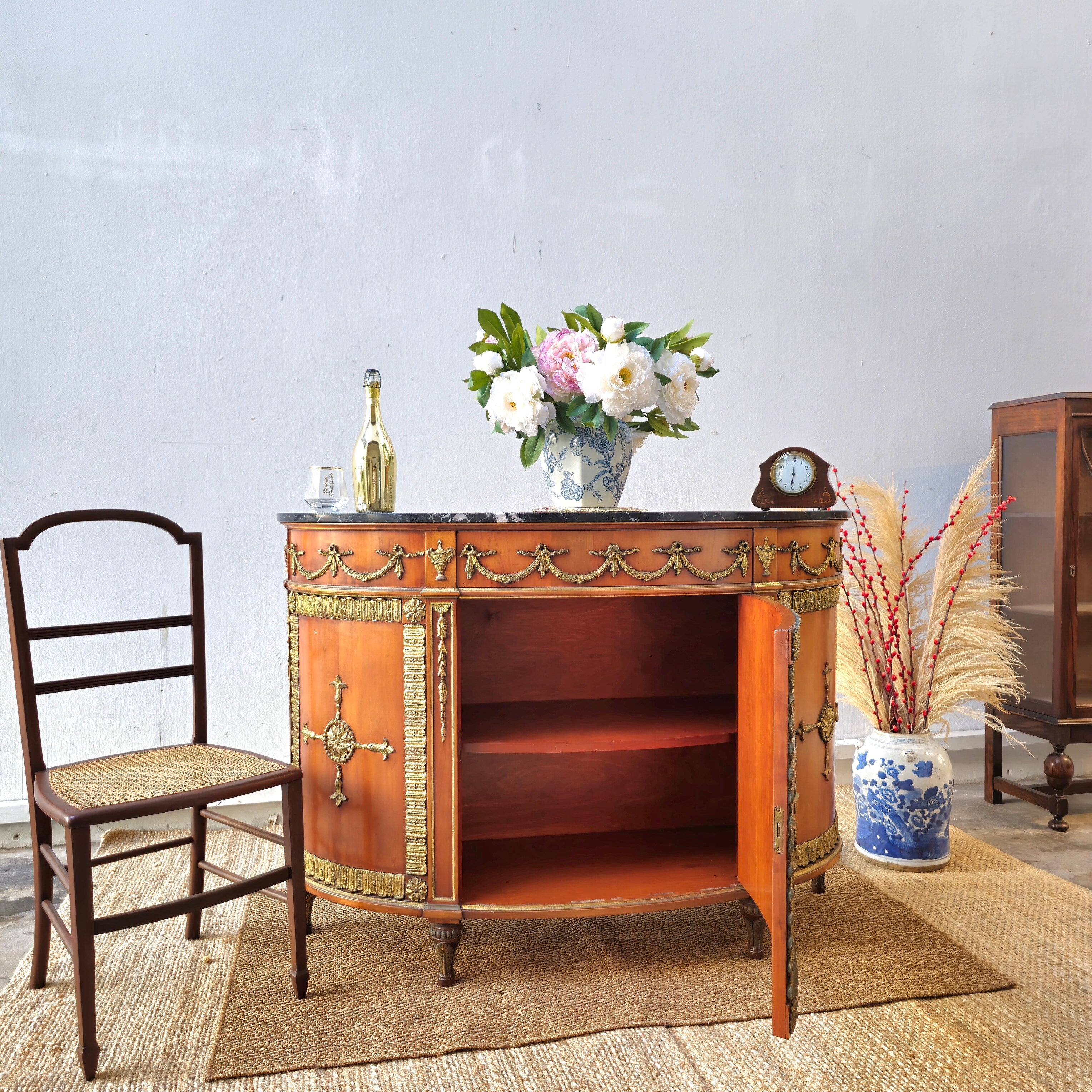 Antique Louis XVI-Style Marble-Top Demilune Commode with Ormolu Mounts