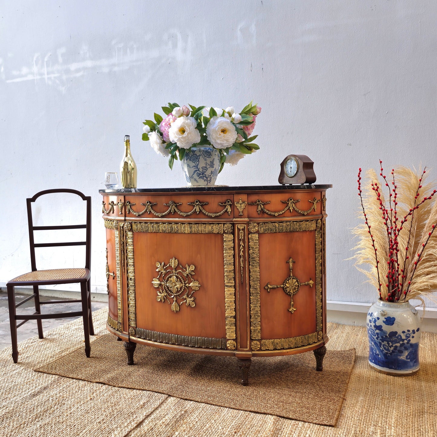 Antique Louis XVI-Style Marble-Top Demilune Commode with Ormolu Mounts