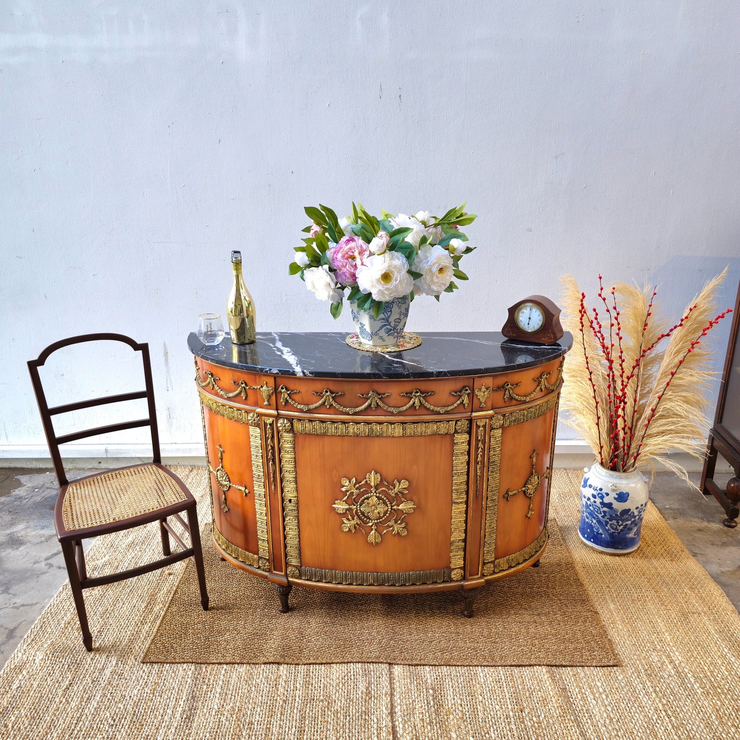Antique Louis XVI-Style Marble-Top Demilune Commode with Ormolu Mounts