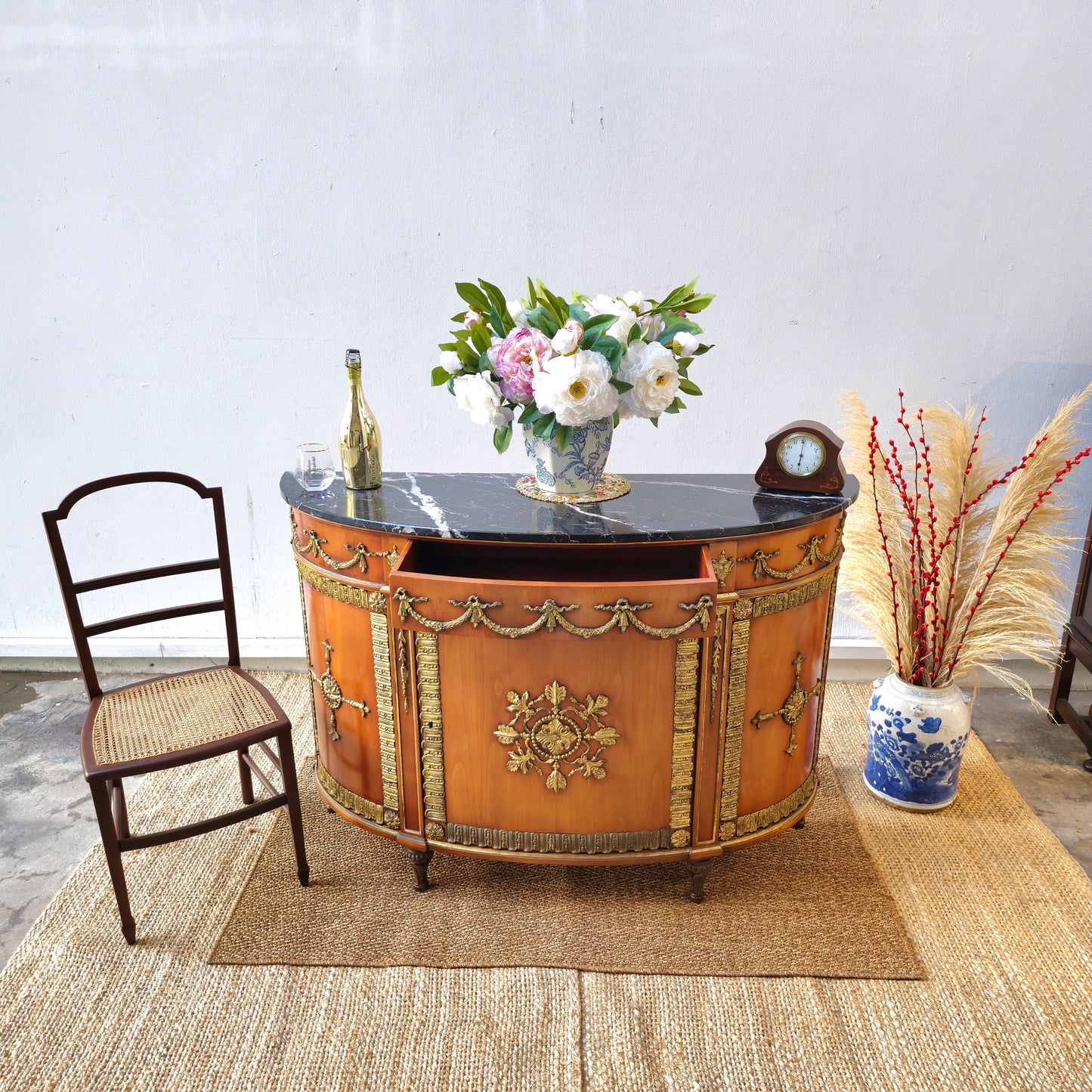 Antique Louis XVI-Style Marble-Top Demilune Commode with Ormolu Mounts