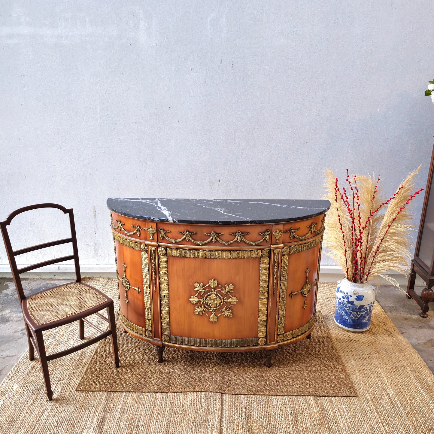 Antique Louis XVI-Style Marble-Top Demilune Commode with Ormolu Mounts