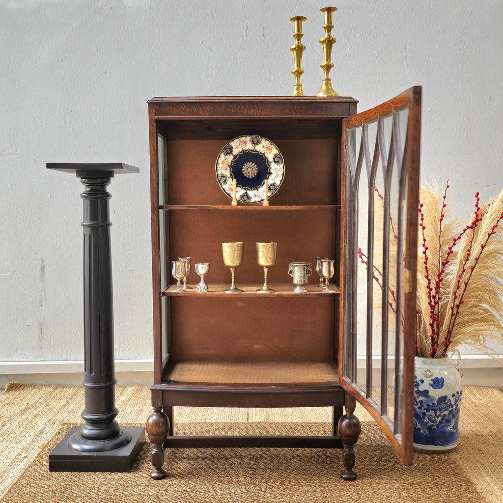 Antique oak display cabinet with gothic style leaded glass