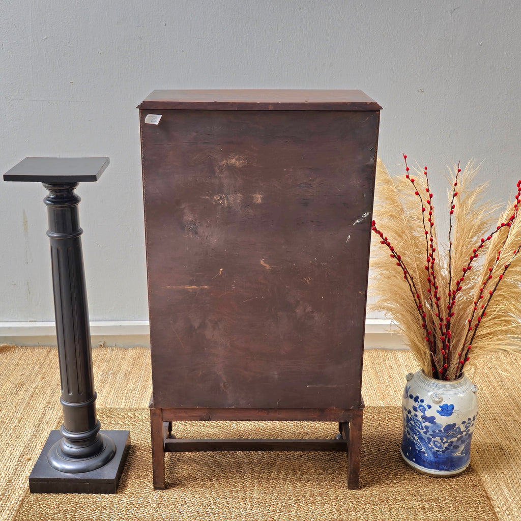 Antique oak display cabinet with gothic style leaded glass