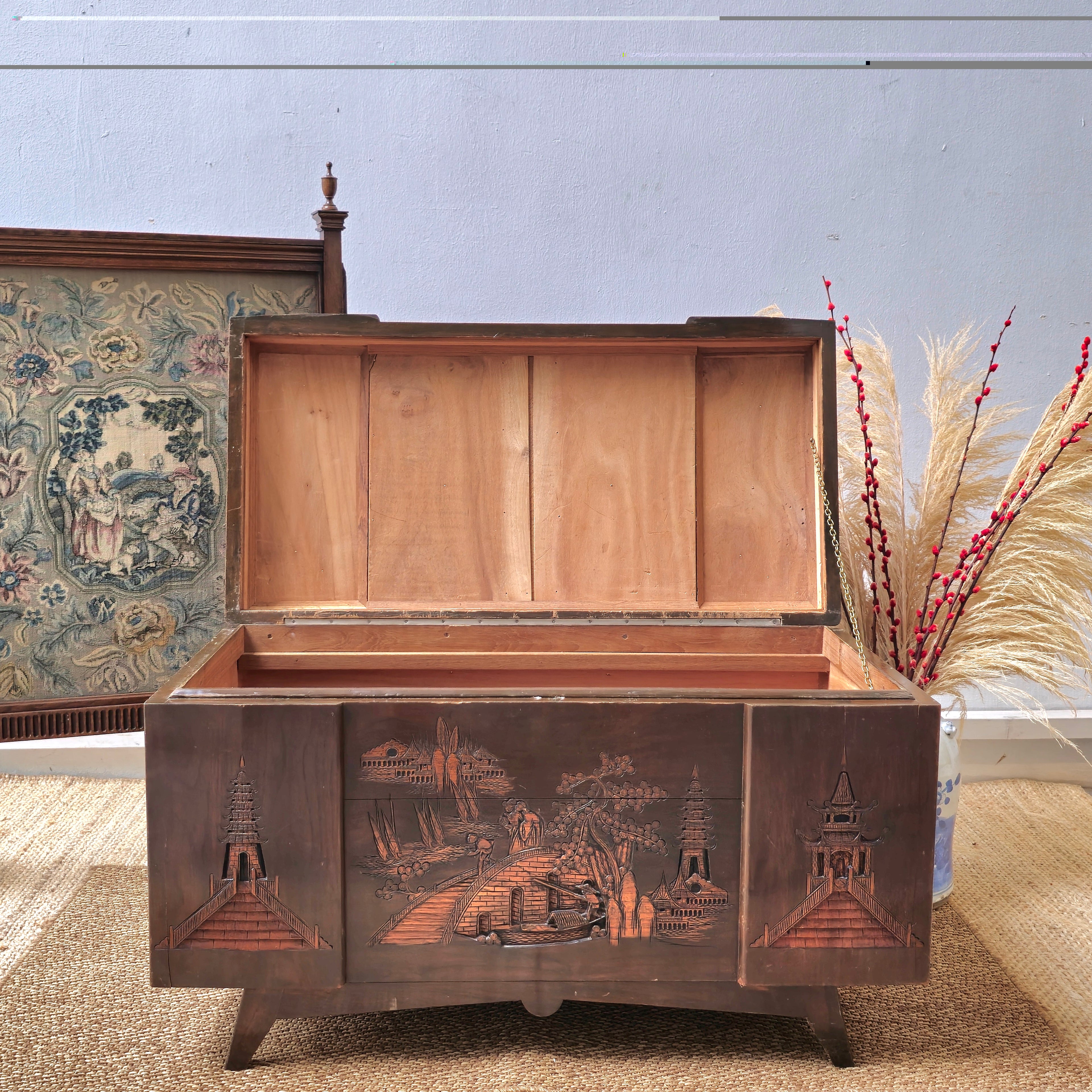 20th Century BLANKET CHEST WITH CARVED PAGODAS, JUNKS AND TREES, 39" WIDE
