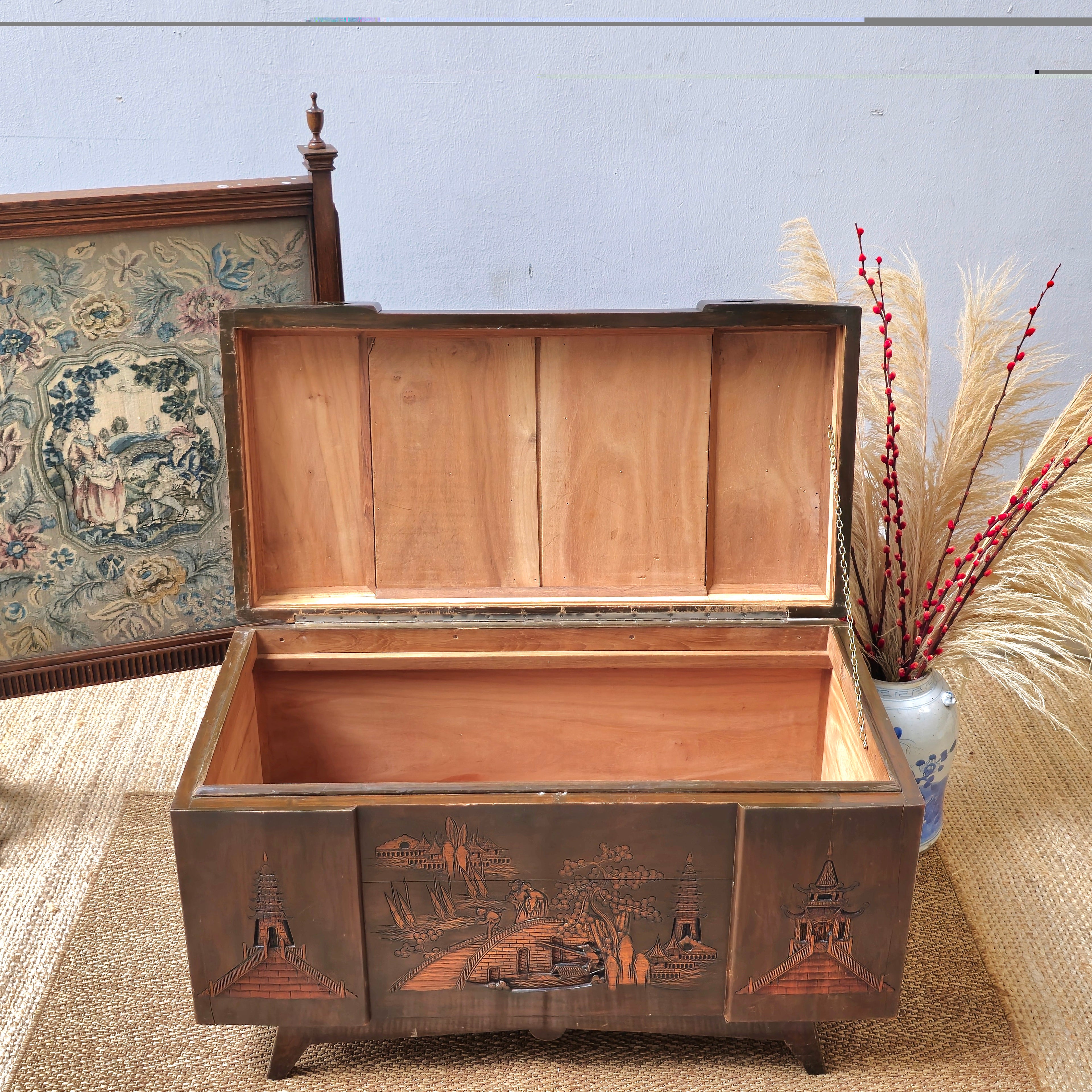 20th Century BLANKET CHEST WITH CARVED PAGODAS, JUNKS AND TREES, 39" WIDE
