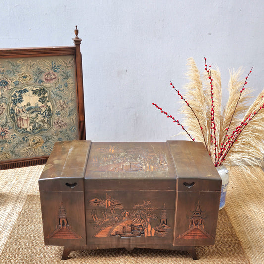 20th Century BLANKET CHEST WITH CARVED PAGODAS, JUNKS AND TREES, 39" WIDE