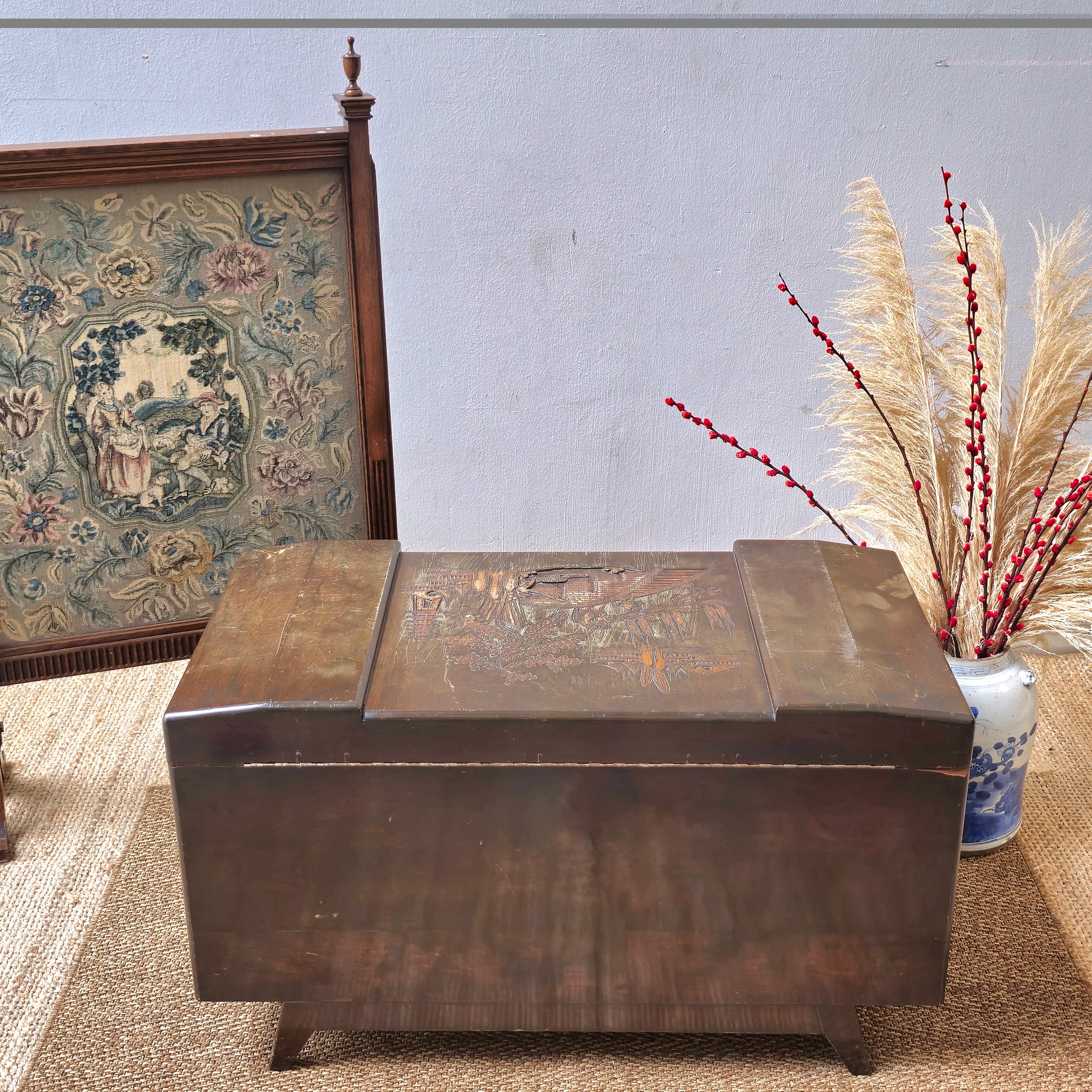 20th Century BLANKET CHEST WITH CARVED PAGODAS, JUNKS AND TREES, 39" WIDE