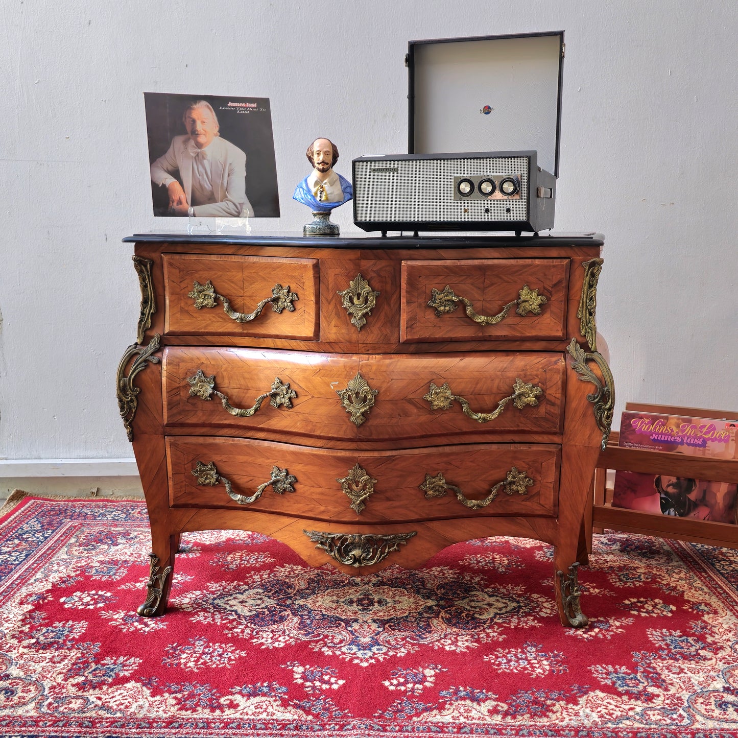 British Vintage Louis XV Style Serpentine Chest of Drawers with Marble Top