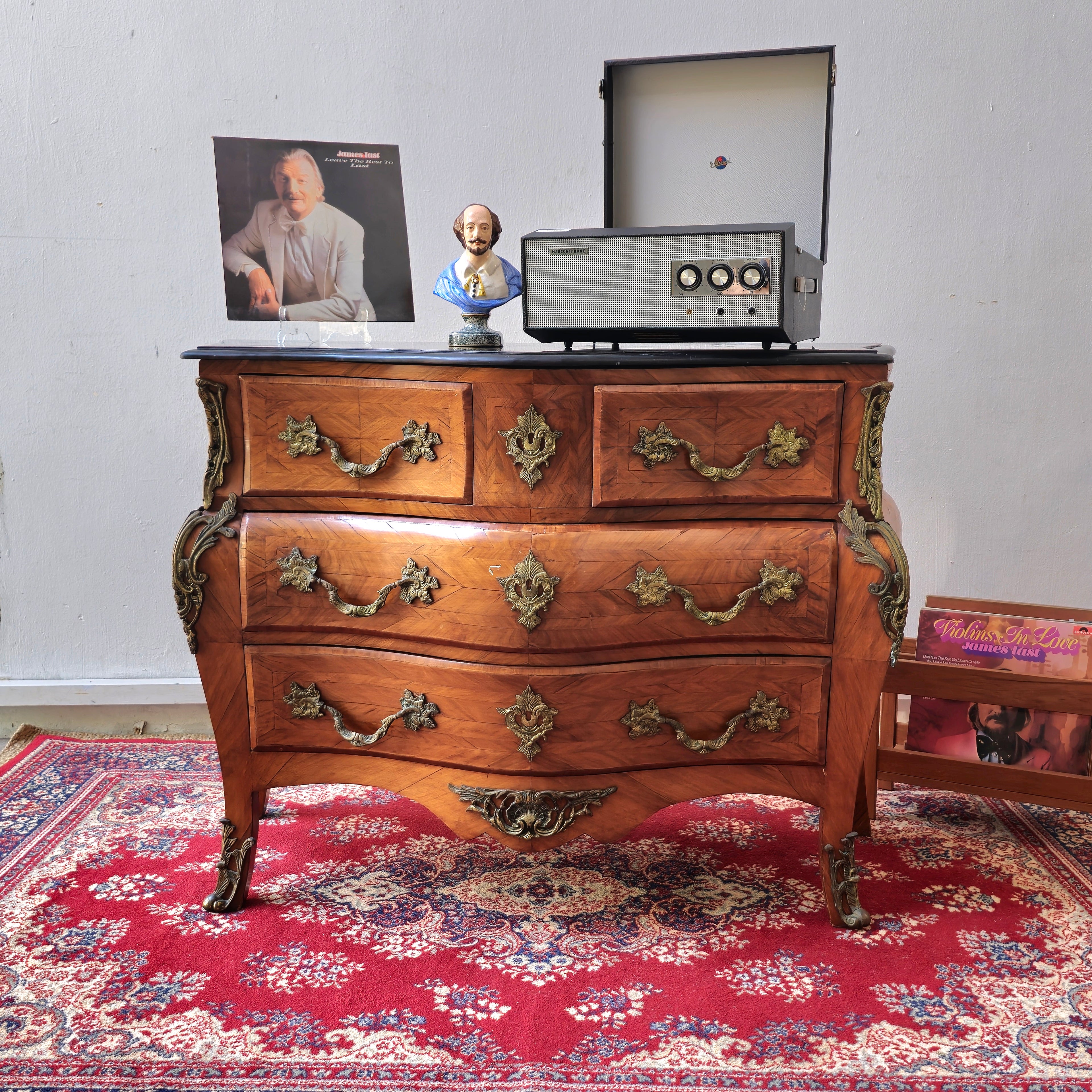 British Vintage Louis XV Style Serpentine Chest of Drawers with Marble Top