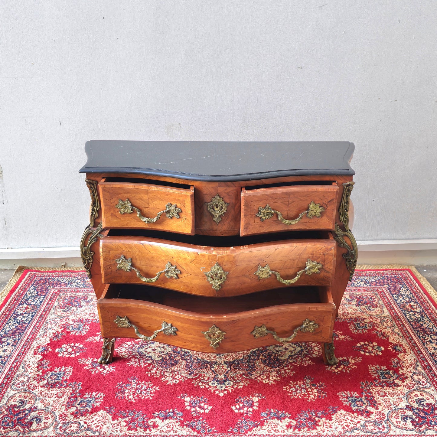 British Vintage Louis XV Style Serpentine Chest of Drawers with Marble Top