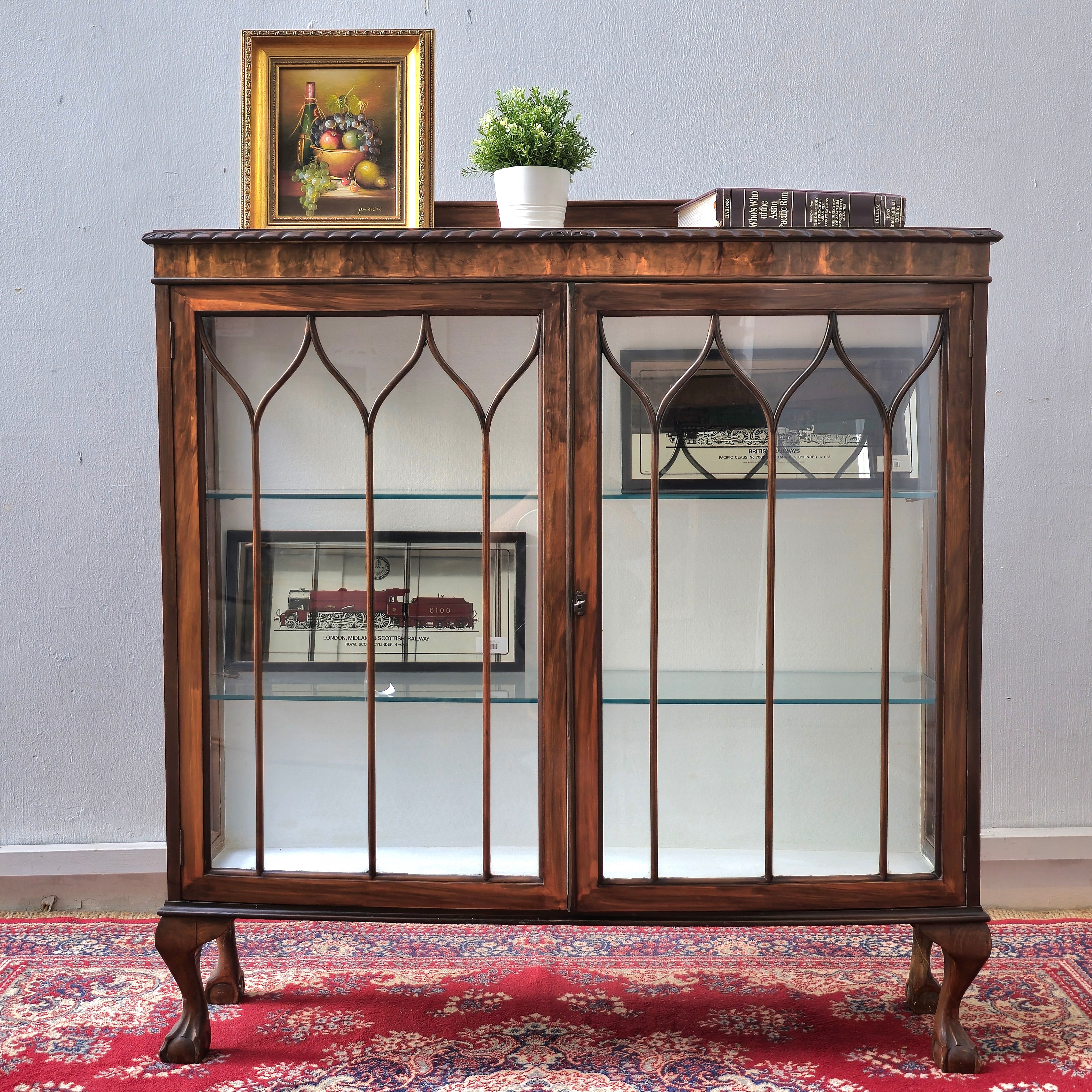Edwardian revival glass display cabinet with gothic arched mullions