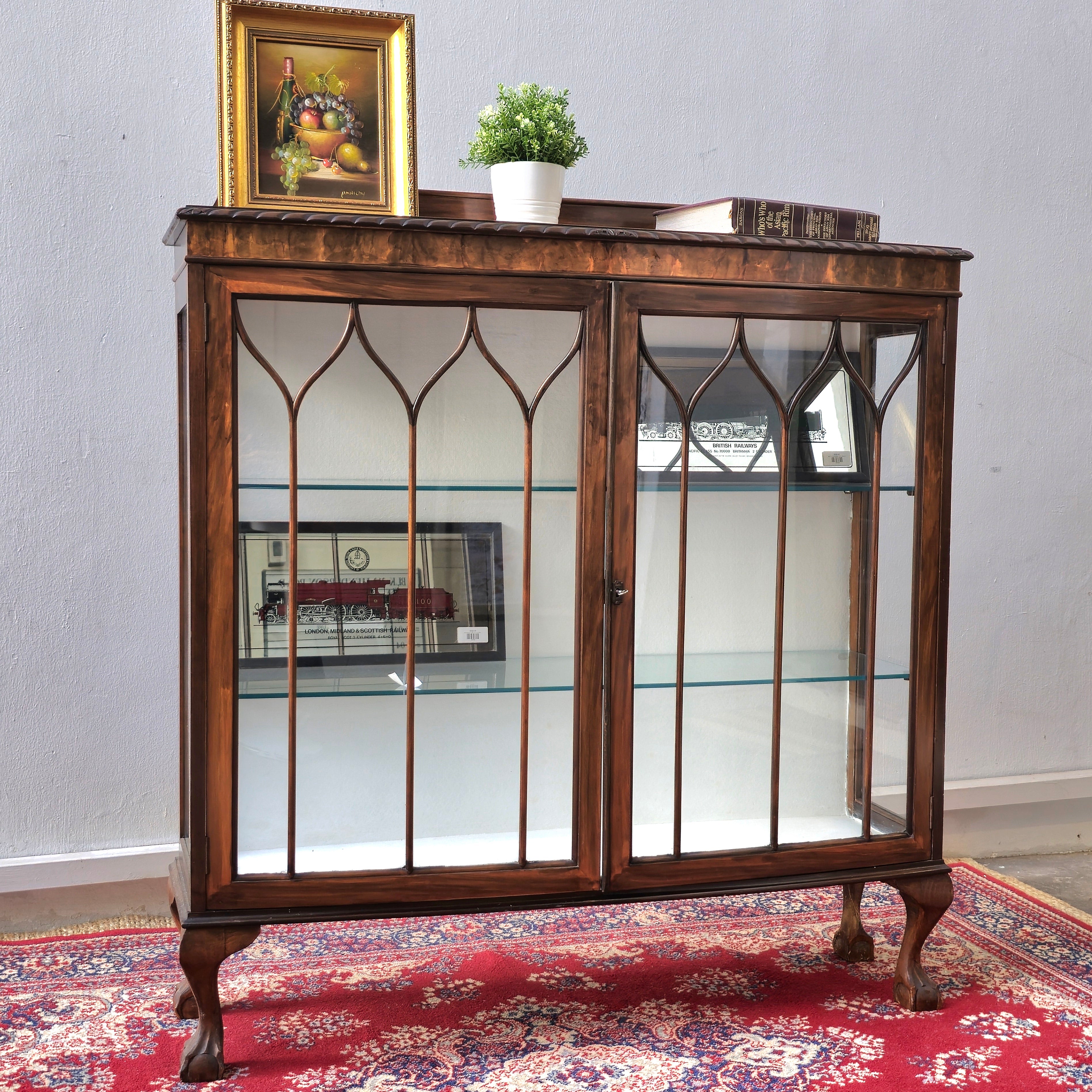 Edwardian revival glass display cabinet with gothic arched mullions