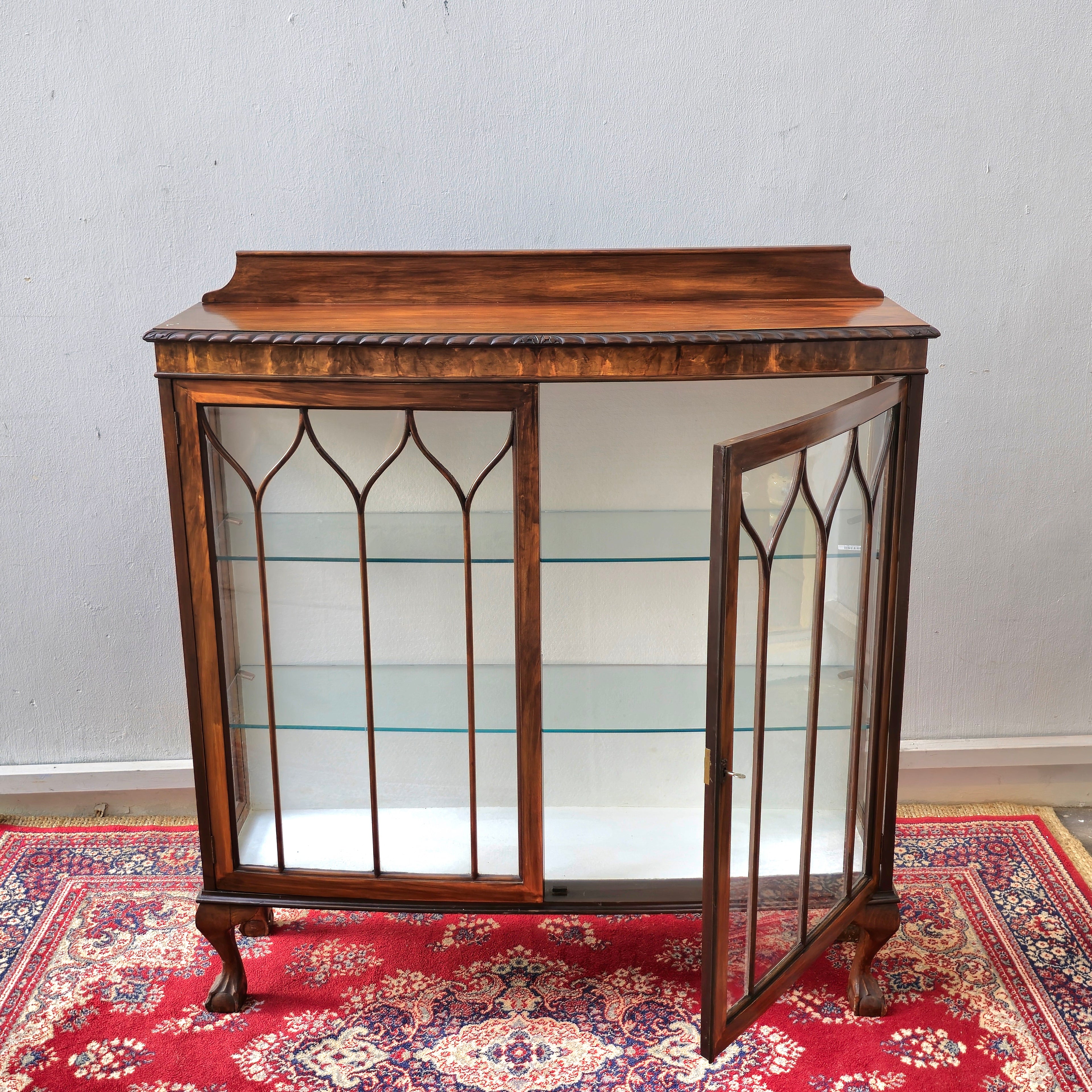 Edwardian revival glass display cabinet with gothic arched mullions