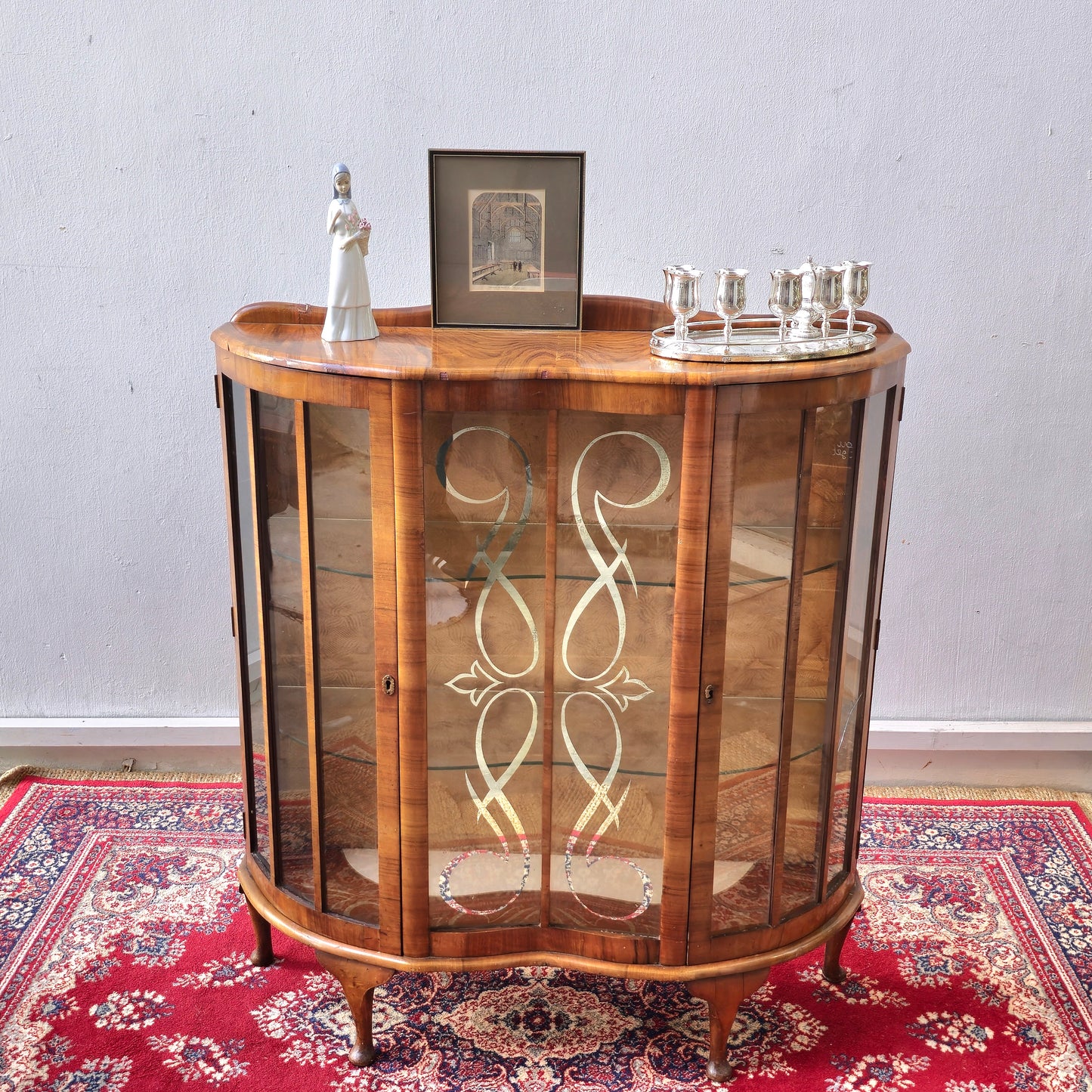 Vintage Barget Uitility London Art Deco Walnut and Glass Curio Display Cabinet