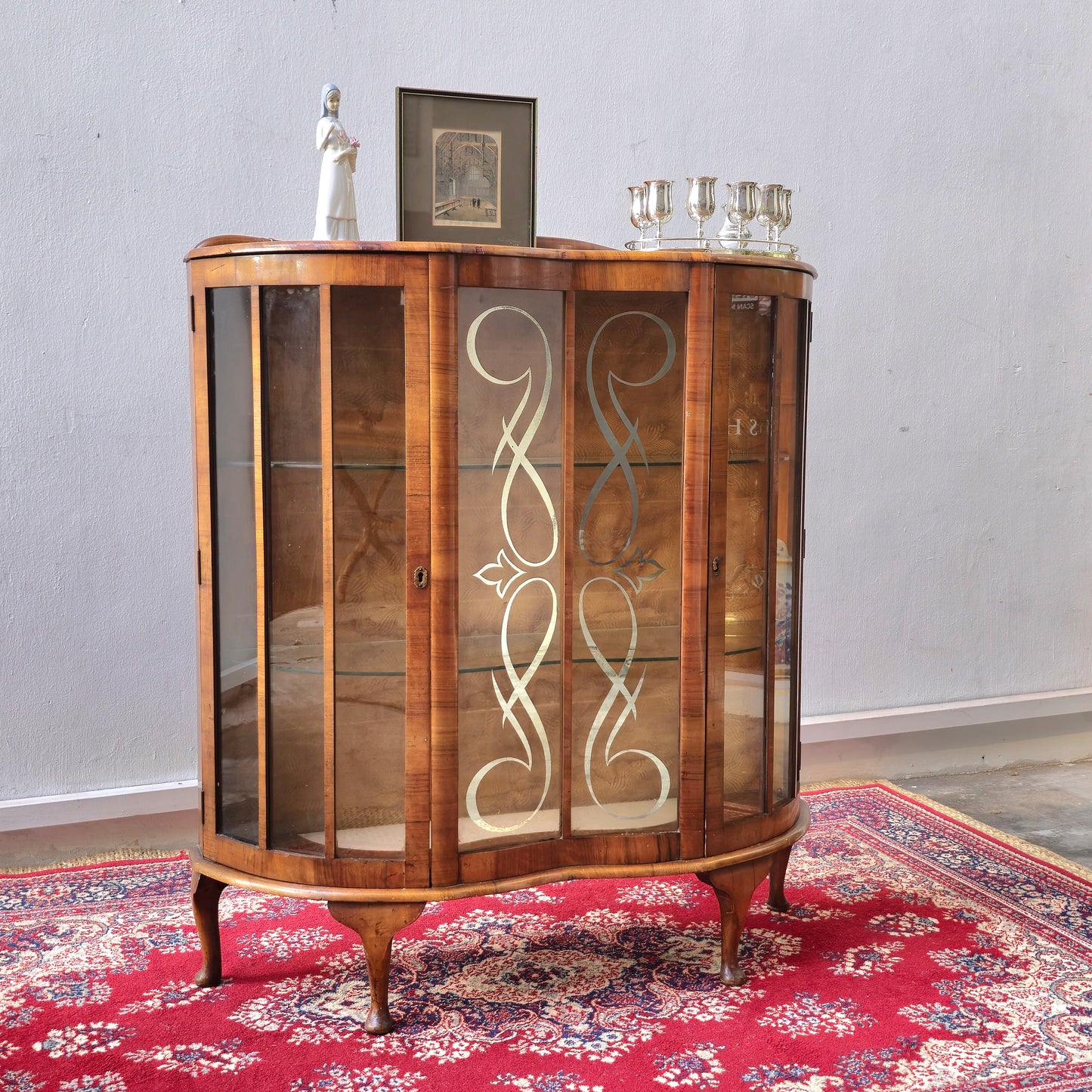 Vintage Barget Uitility London Art Deco Walnut and Glass Curio Display Cabinet