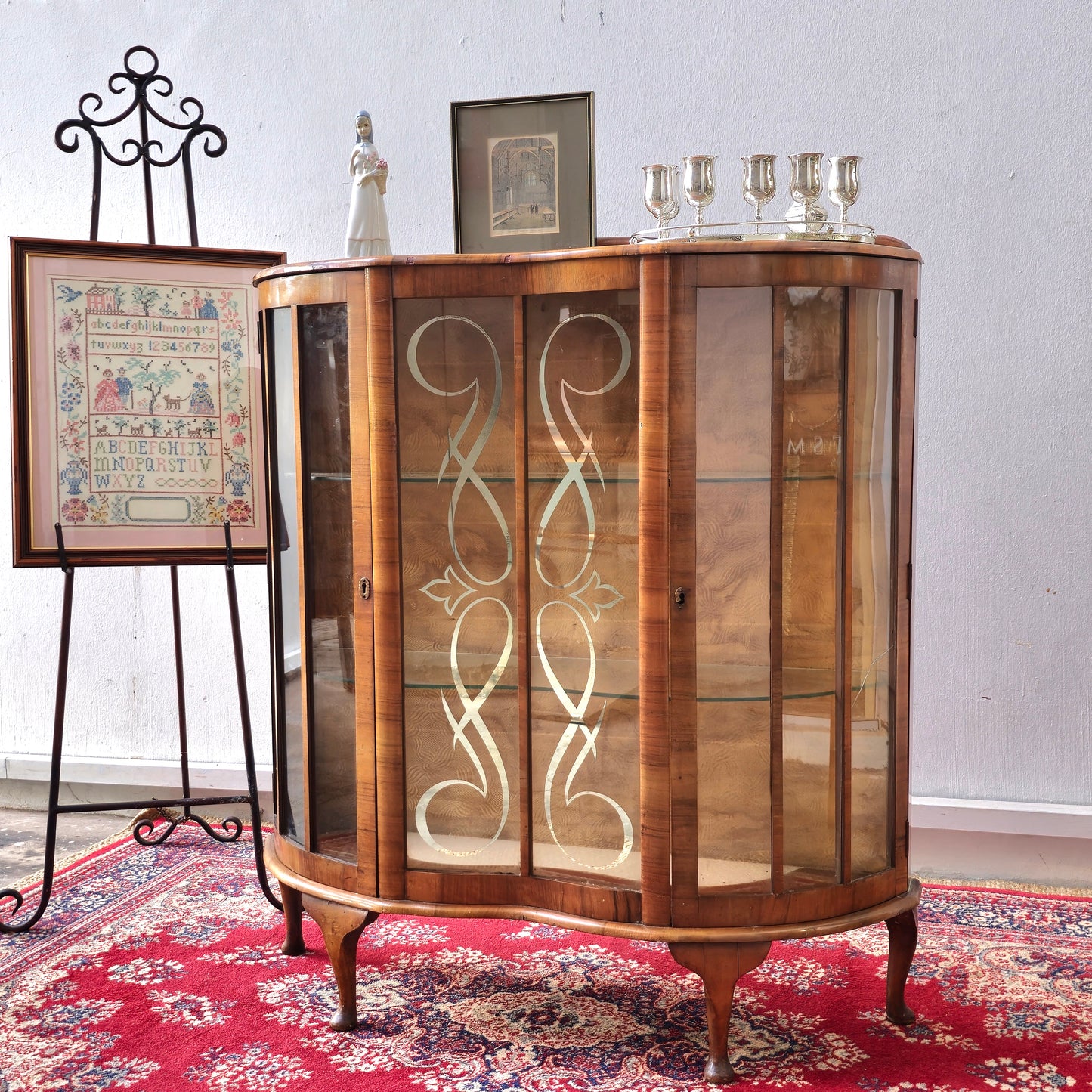 Vintage Barget Uitility London Art Deco Walnut and Glass Curio Display Cabinet