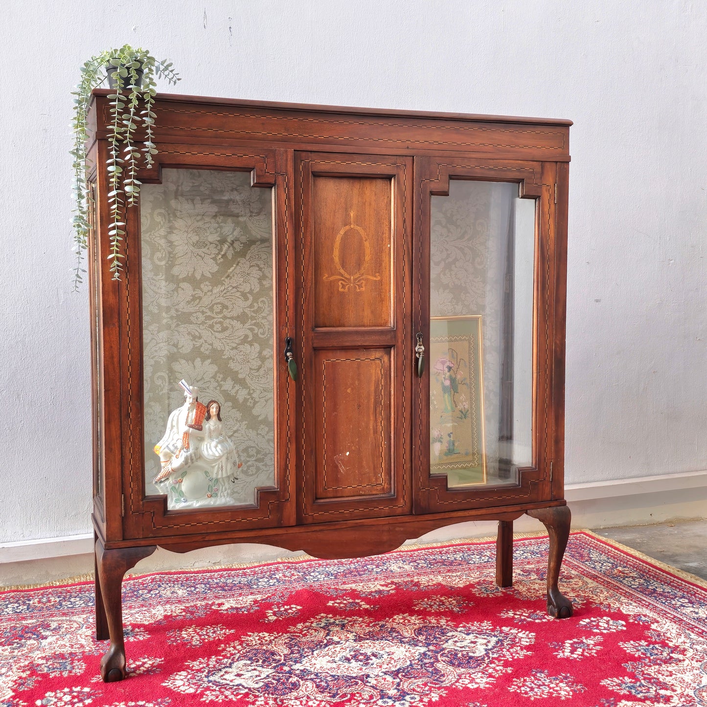Edwardian french inlaid glass display cabinet