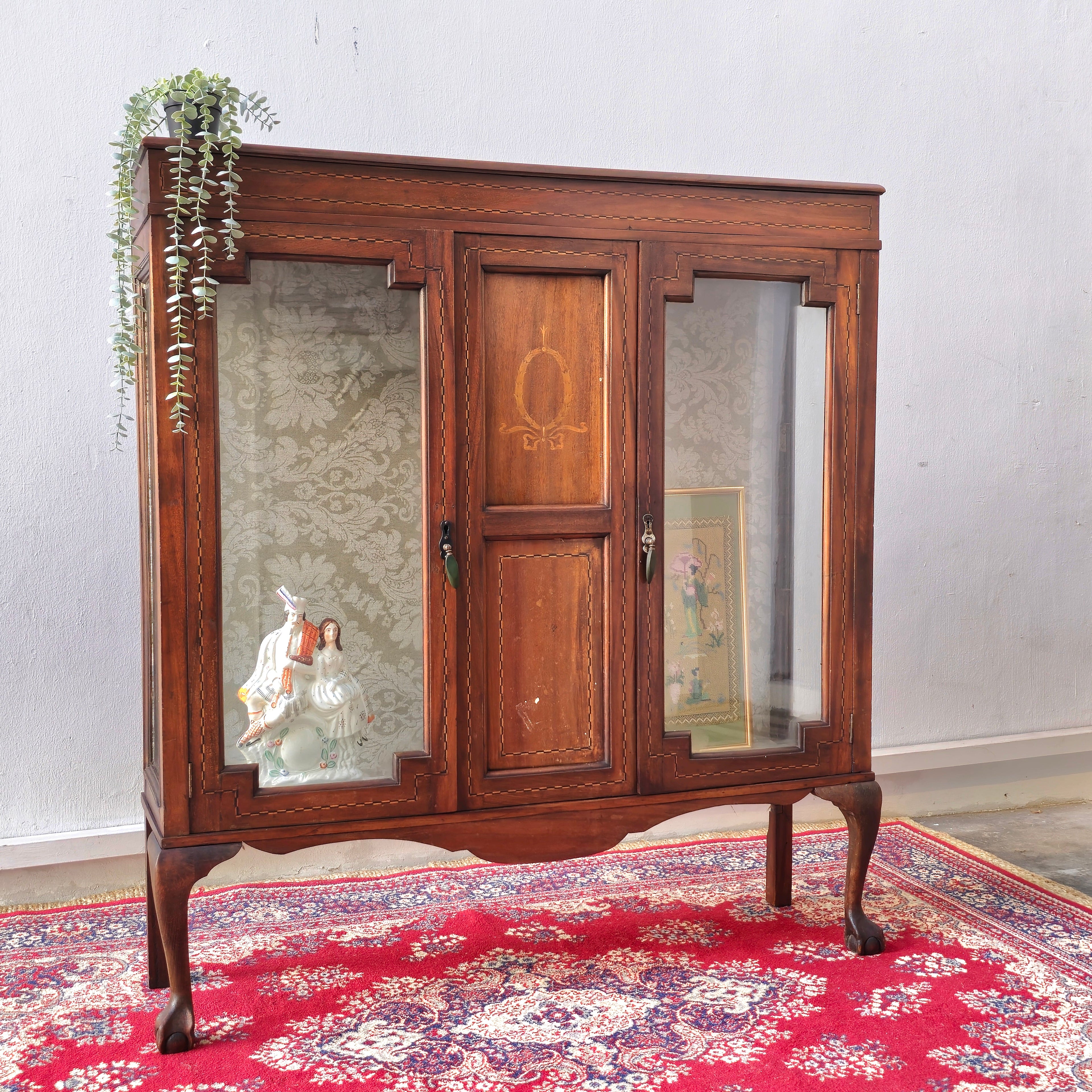 Edwardian French Inlaid Glass Display Cabinet