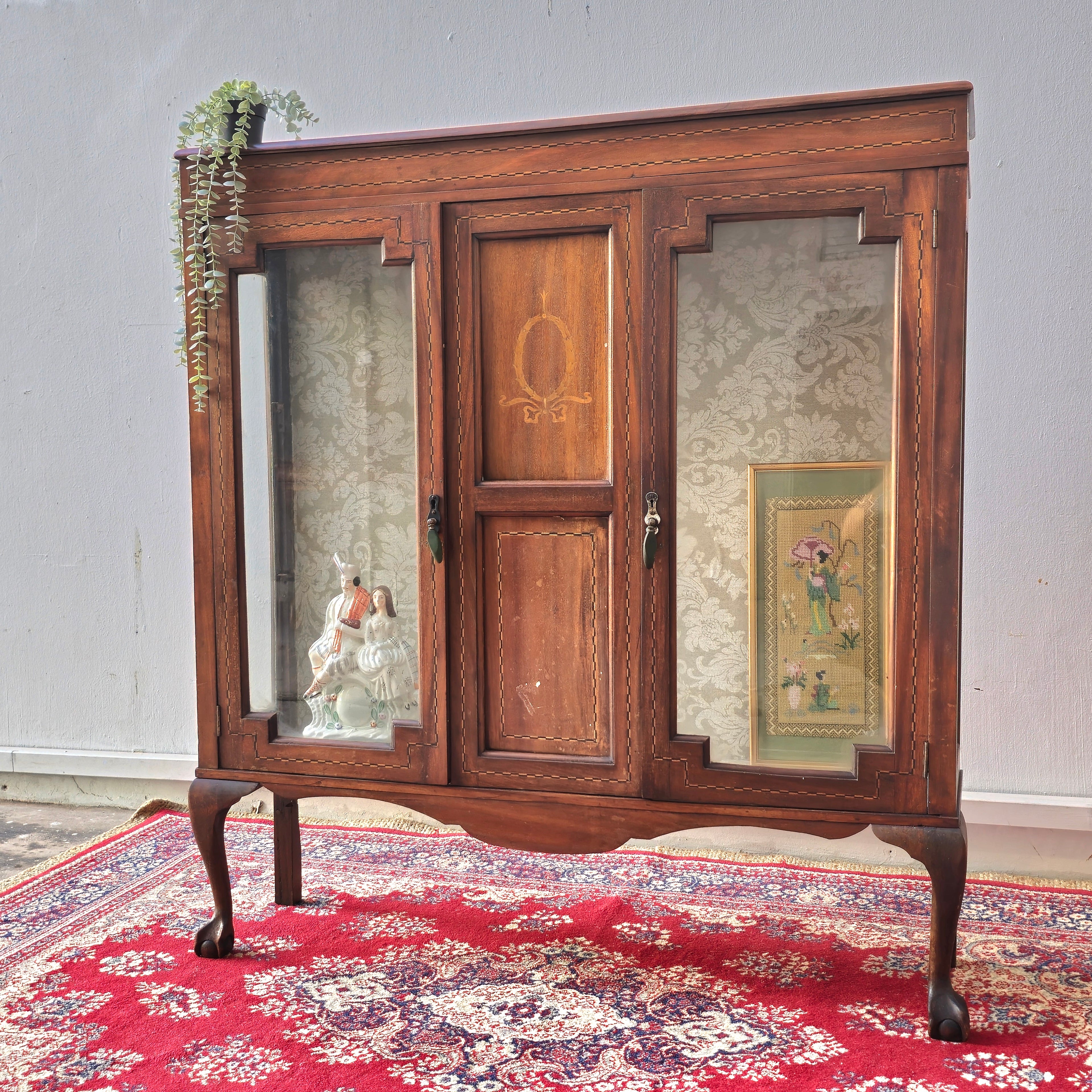 Edwardian French Inlaid Glass Display Cabinet