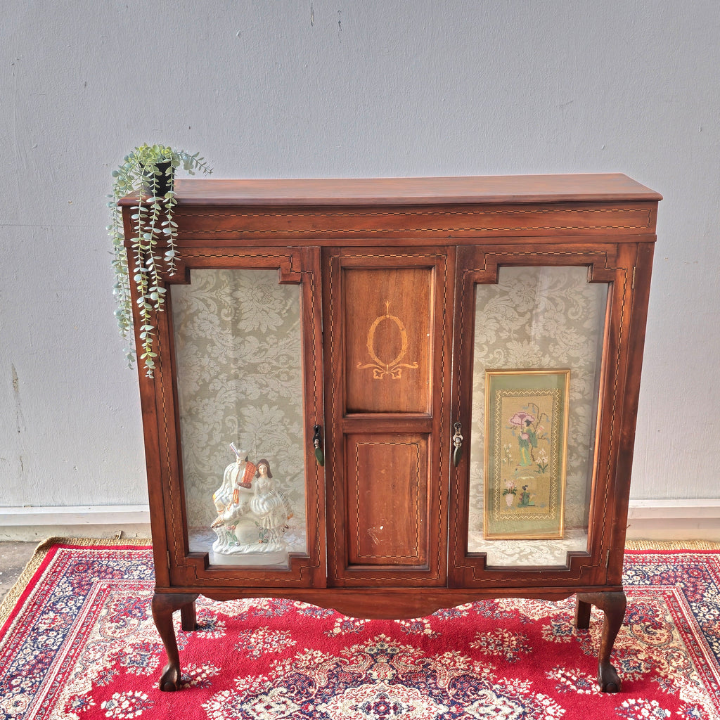 Edwardian French Inlaid Glass Display Cabinet