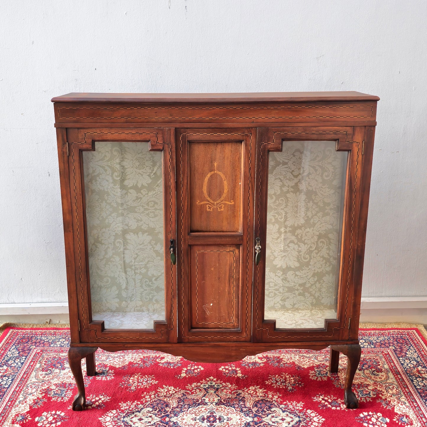 Edwardian french inlaid glass display cabinet