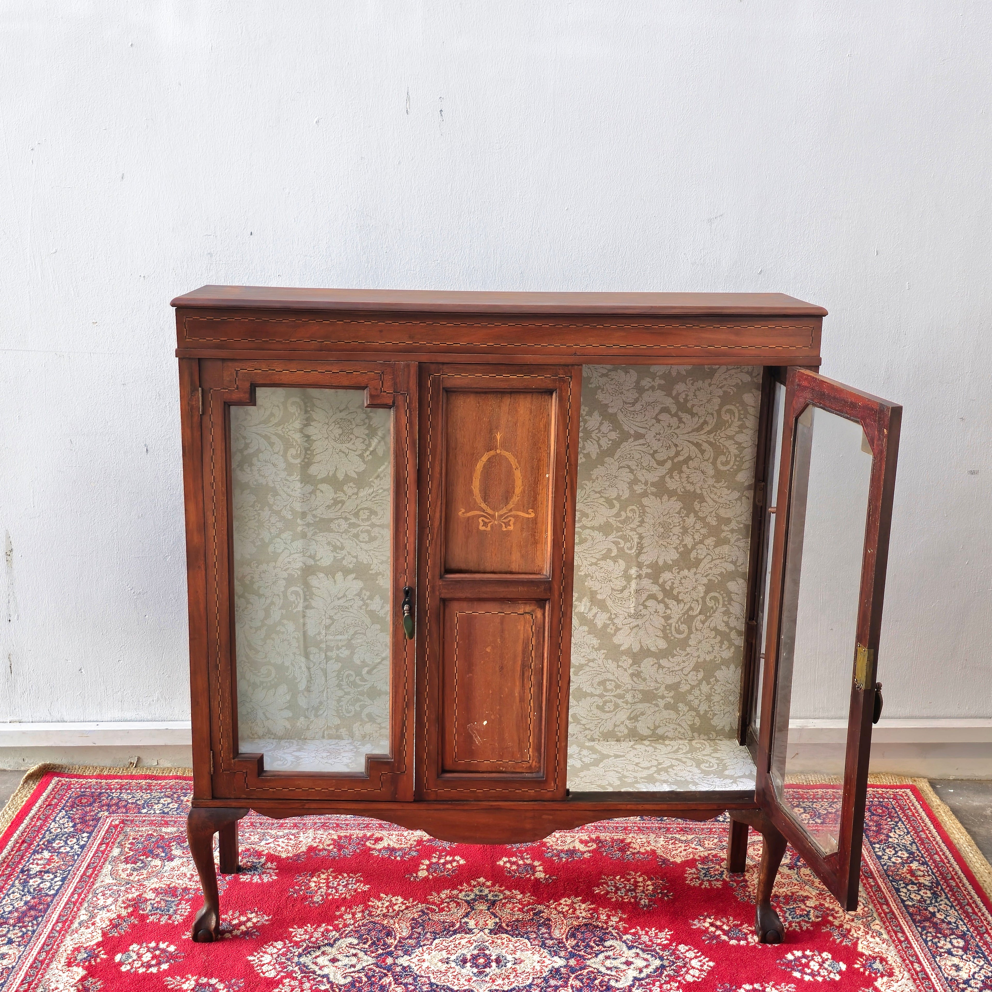 Edwardian French Inlaid Glass Display Cabinet