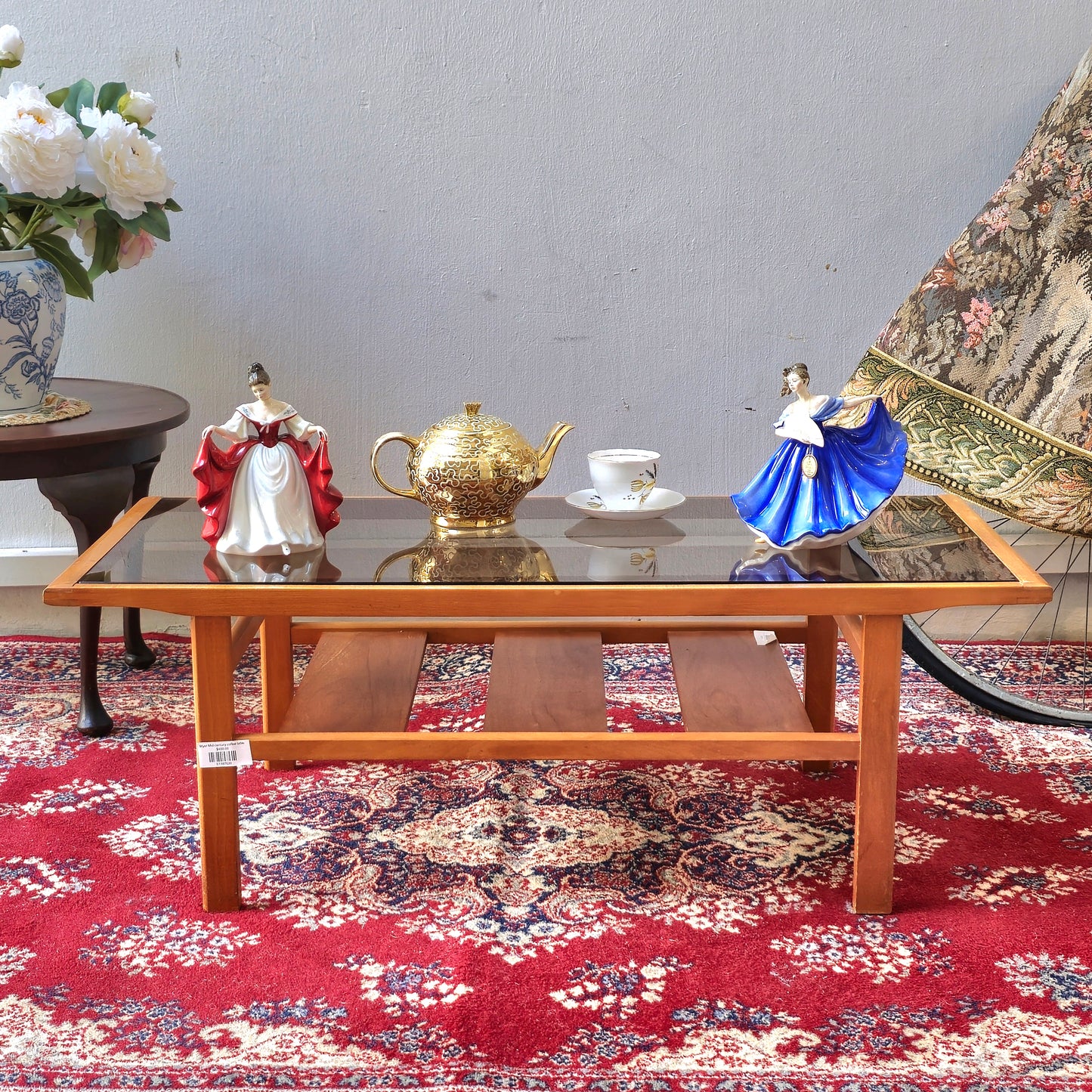 Mid-Century Style Glass-Top Coffee Table with Wooden Slat Shelf