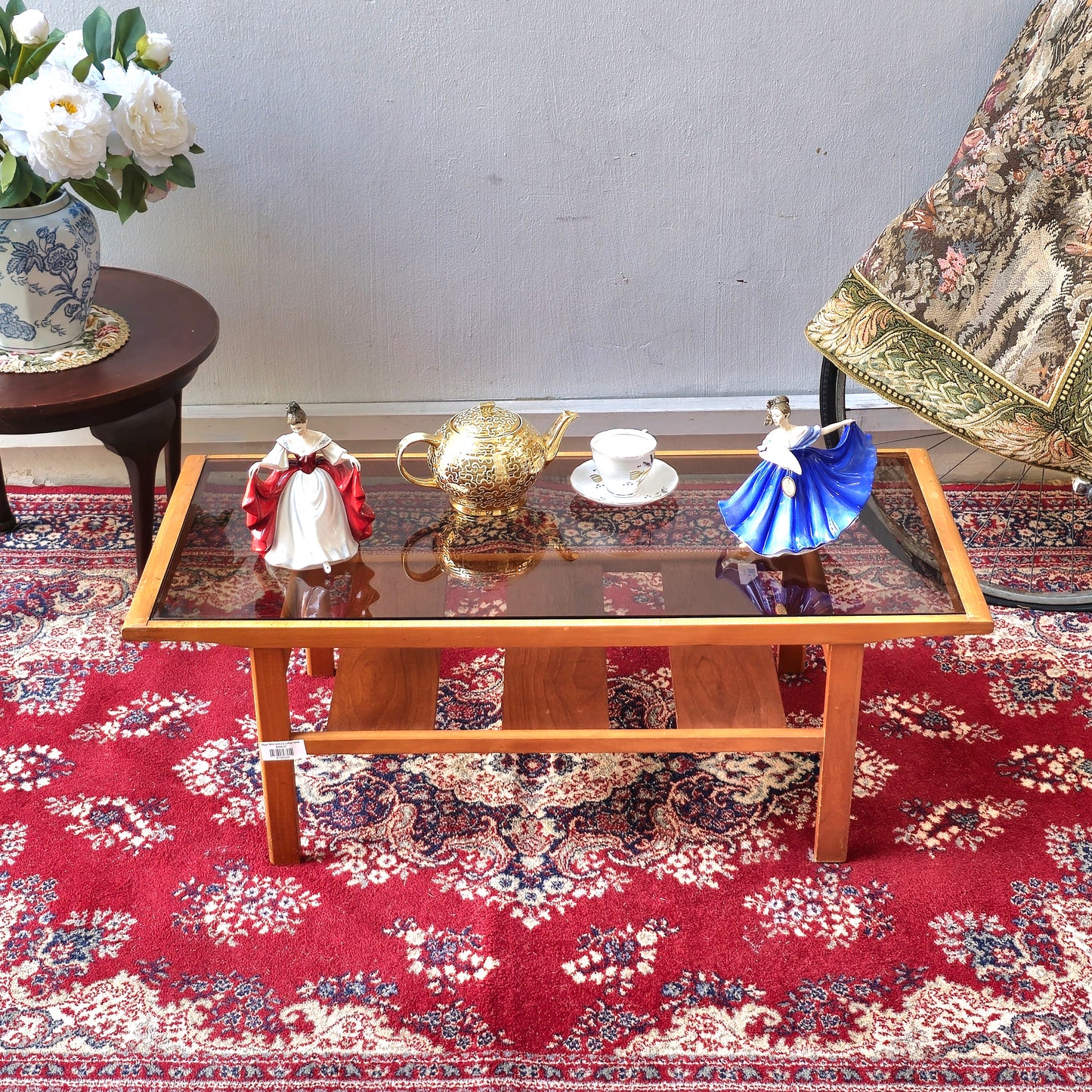 Mid-Century Style Glass-Top Coffee Table with Wooden Slat Shelf
