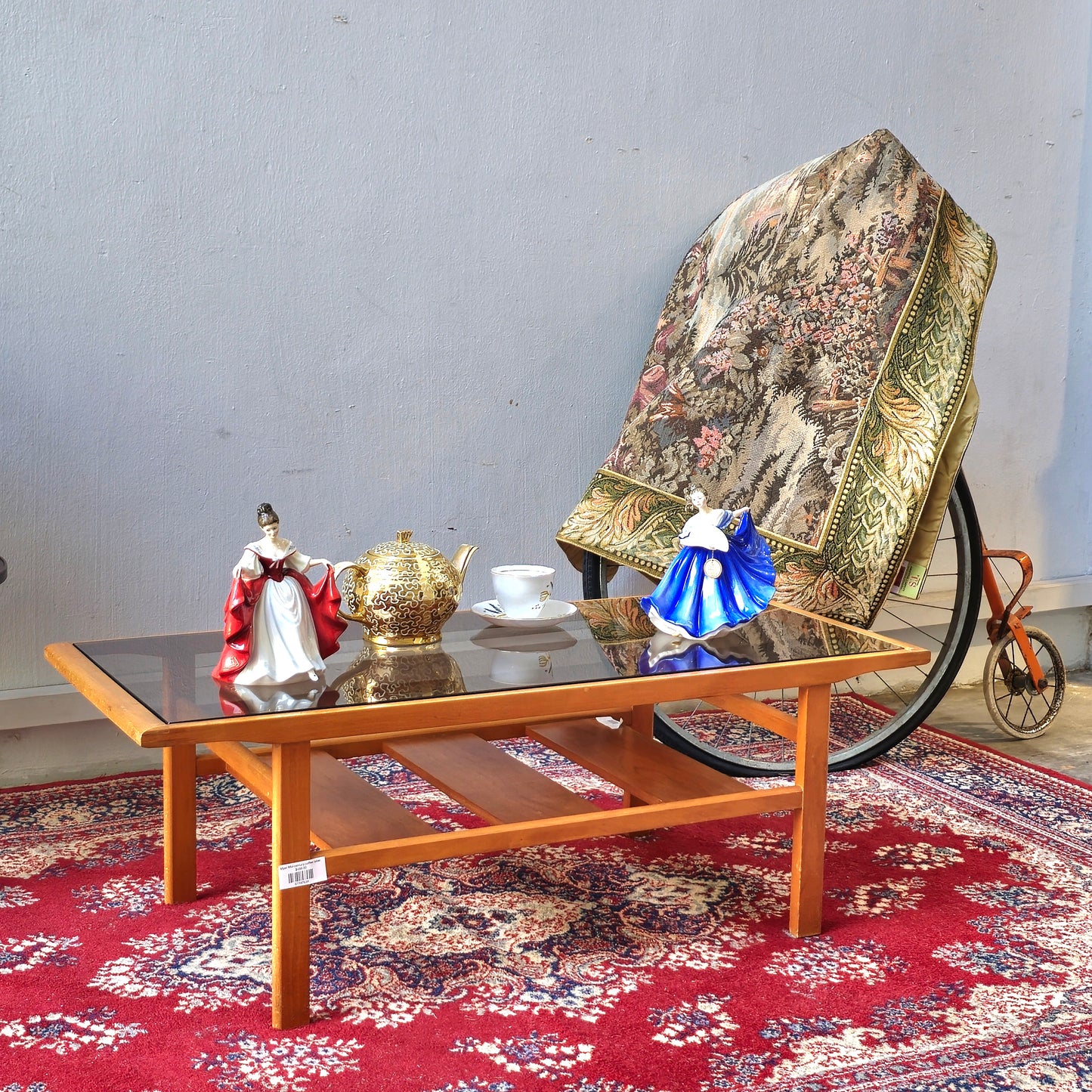 Mid-Century Style Glass-Top Coffee Table with Wooden Slat Shelf