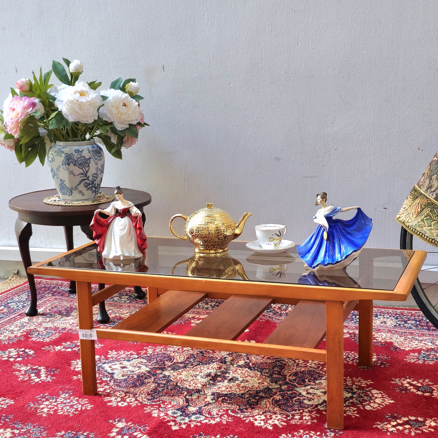 Mid-Century Style Glass-Top Coffee Table with Wooden Slat Shelf