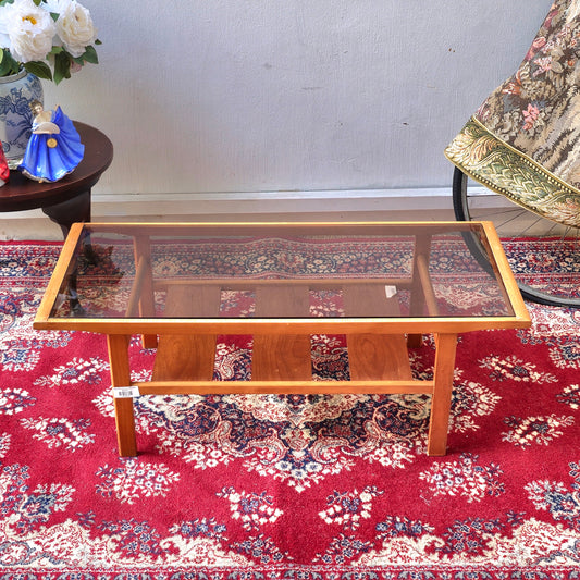 Mid-Century Style Glass-Top Coffee Table with Wooden Slat Shelf