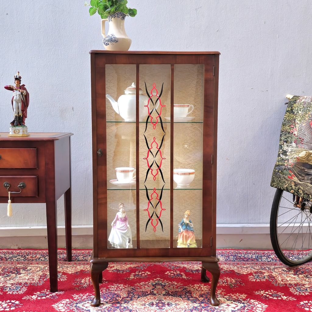 Vintage Art Deco Glass Wooden Queen Anne Display Cabinet