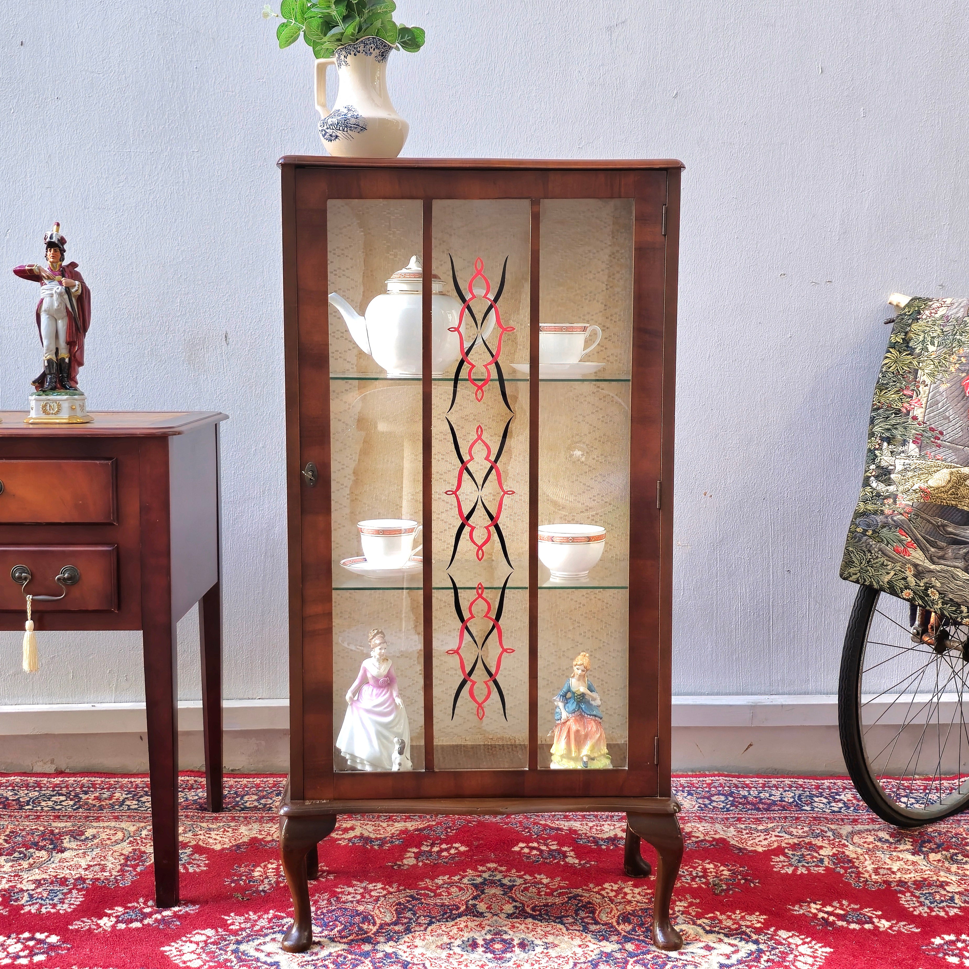 Vintage Art Deco Glass Wooden Queen Anne Display Cabinet
