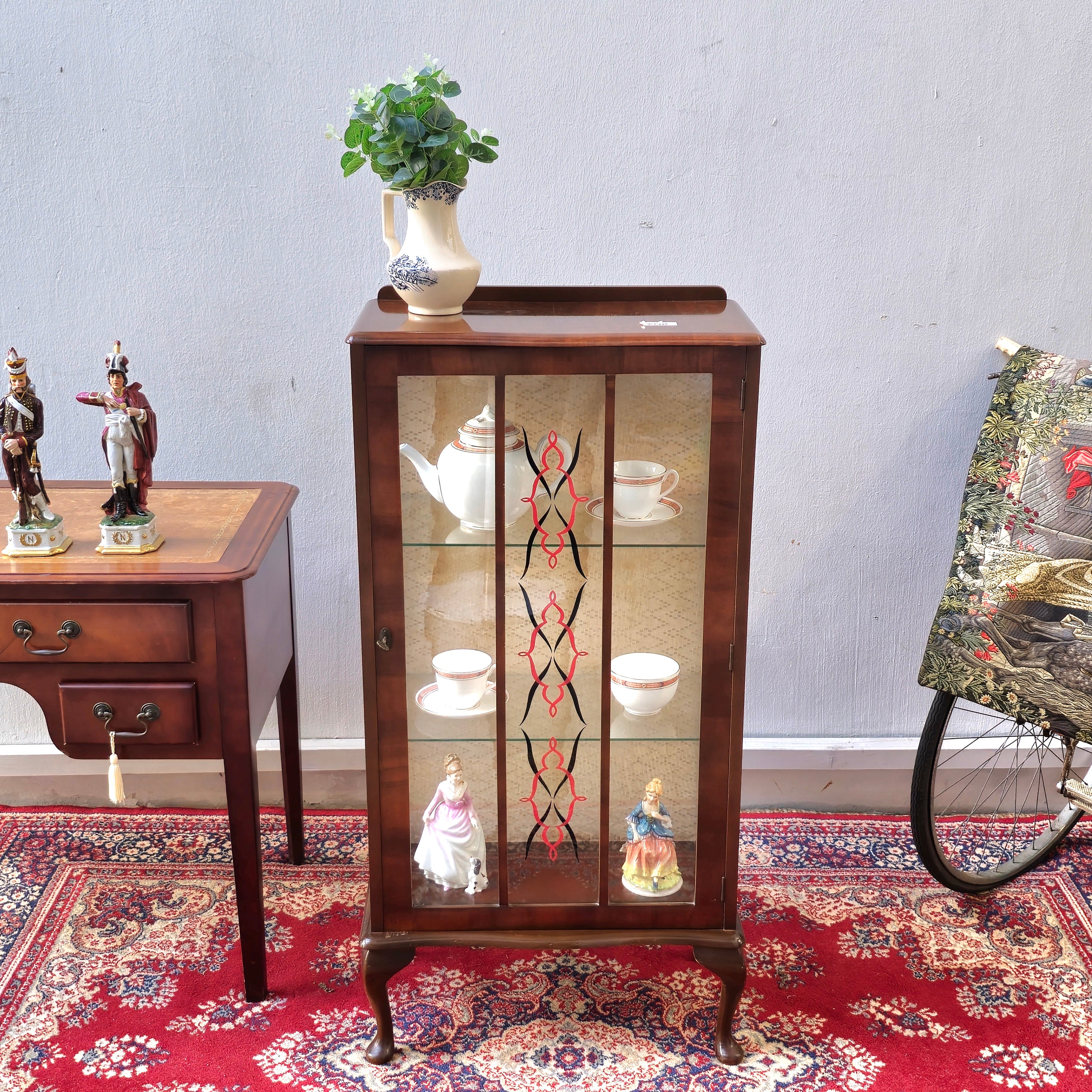 Vintage Art Deco Glass Wooden Queen Anne Display Cabinet