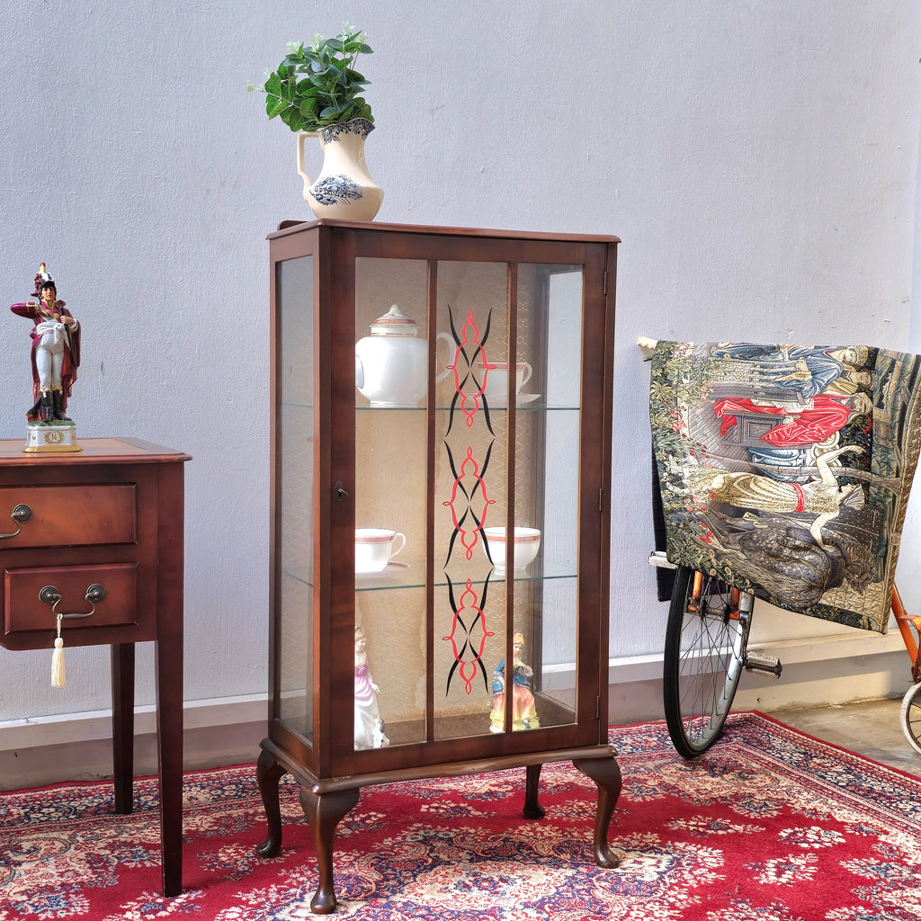 Vintage Art Deco Glass Wooden Queen Anne Display Cabinet