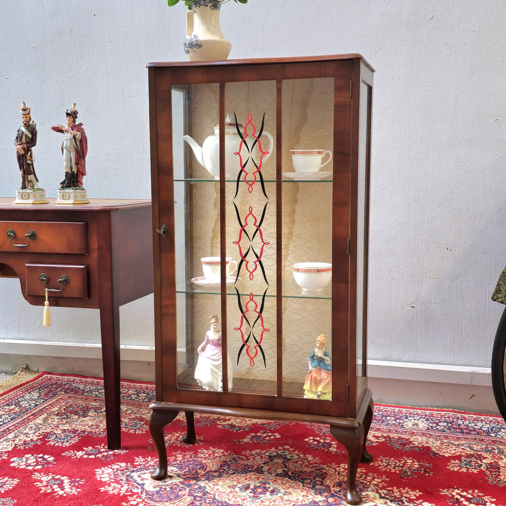 Vintage Art Deco Glass Wooden Queen Anne Display Cabinet