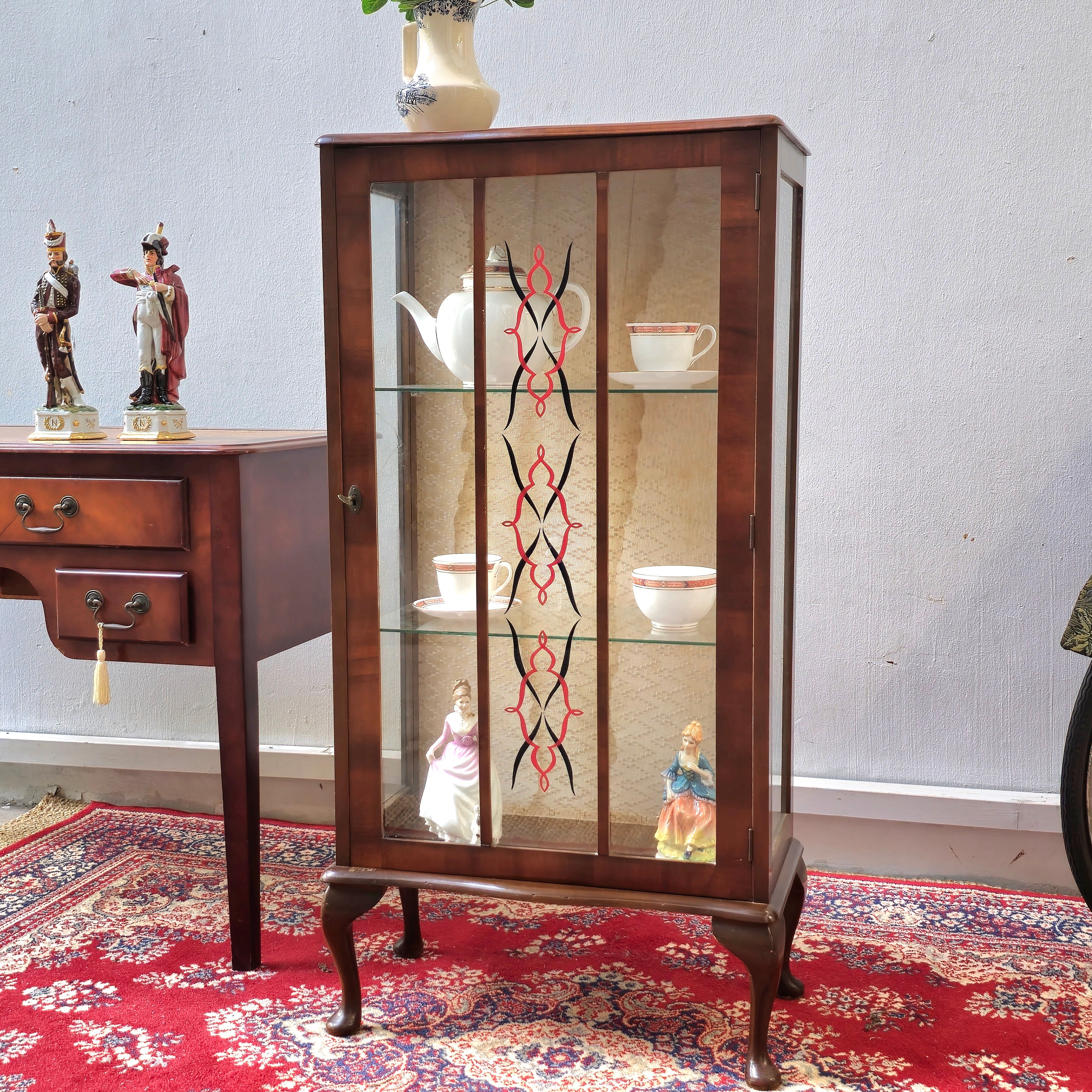 Vintage Art Deco Glass Wooden Queen Anne Display Cabinet