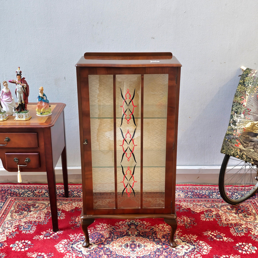 Vintage Art Deco Glass Wooden Queen Anne Display Cabinet