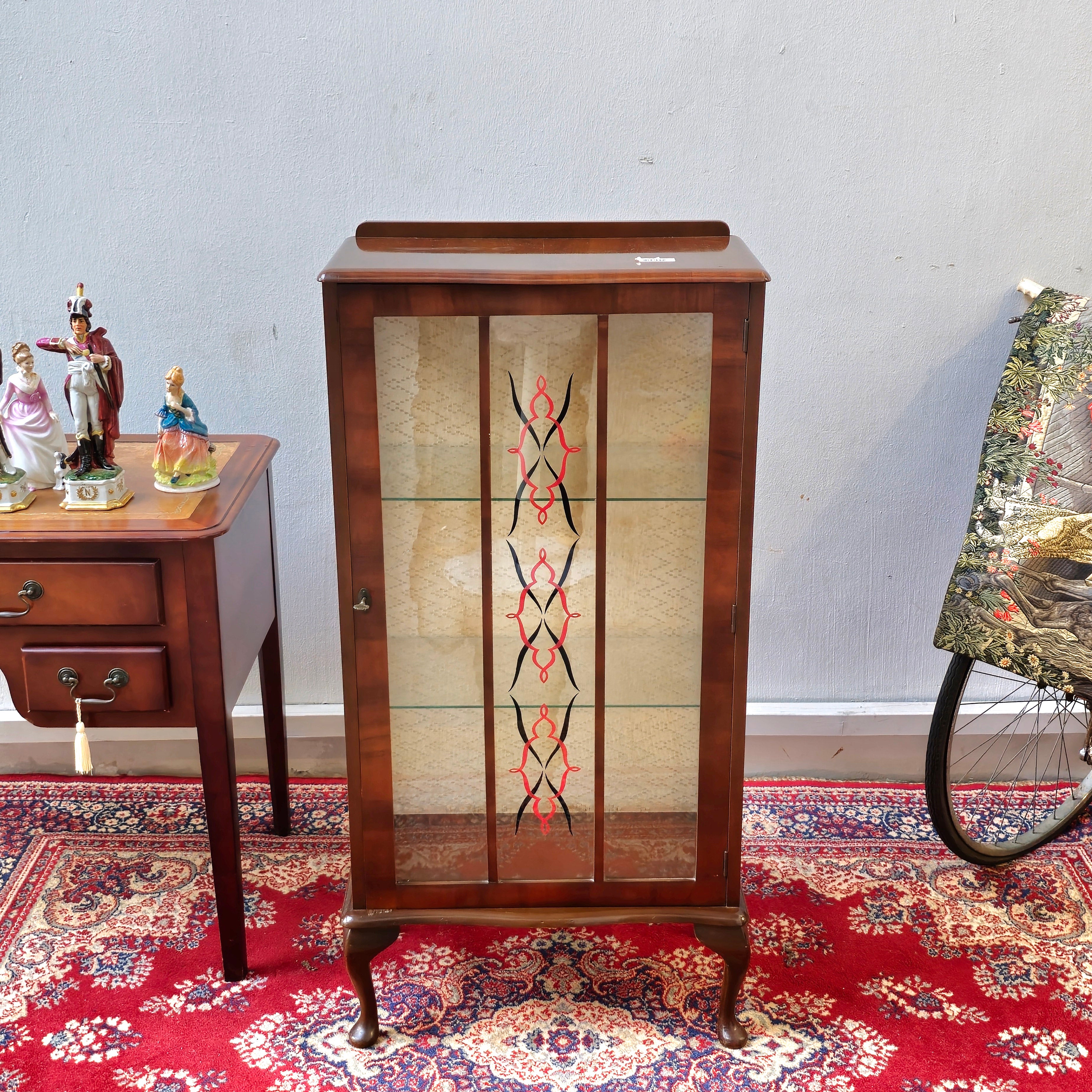 Vintage Art Deco Glass Wooden Queen Anne Display Cabinet