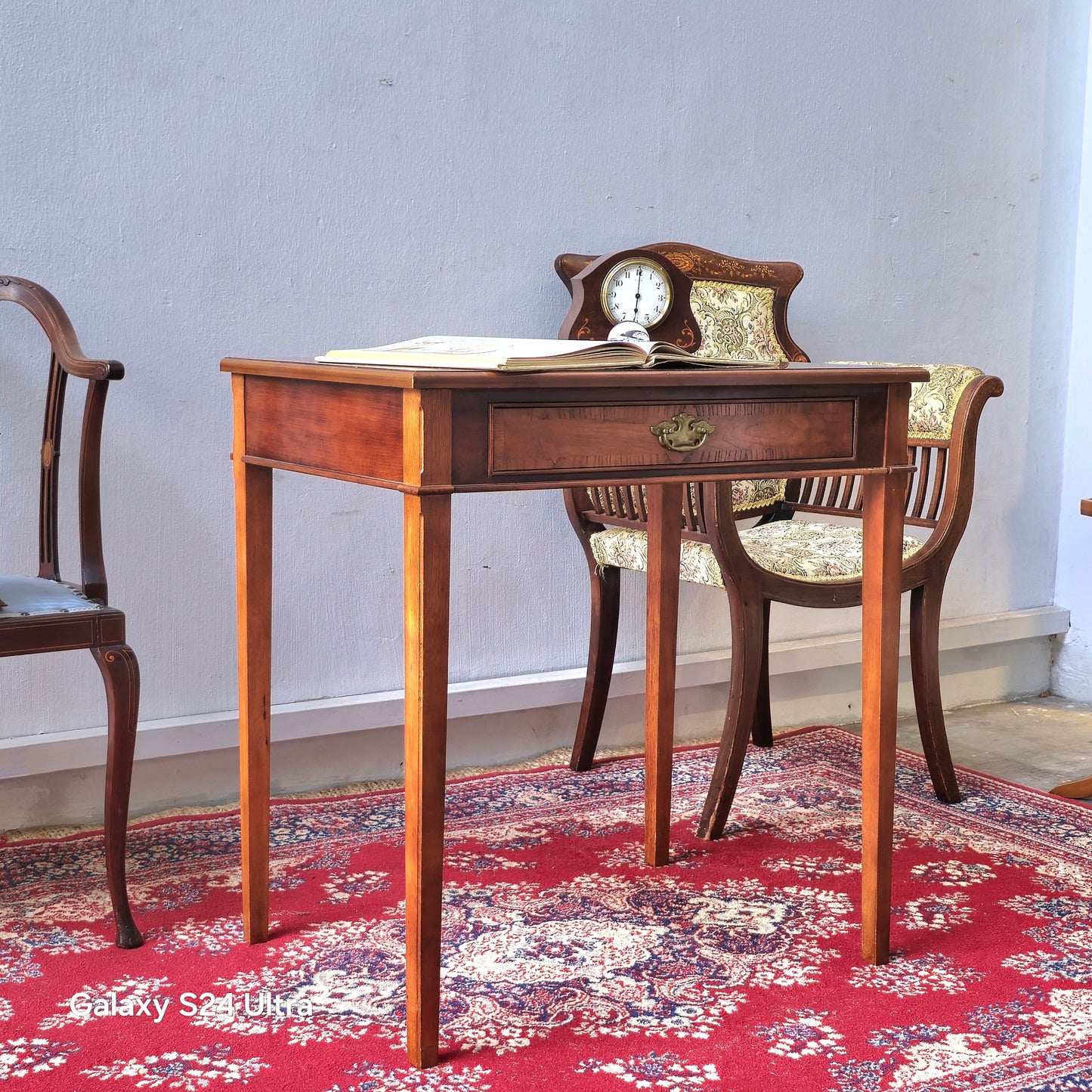 Edwardian Mahogany Inlaid Writing Table with Brass Handle (c. 1900–1910)