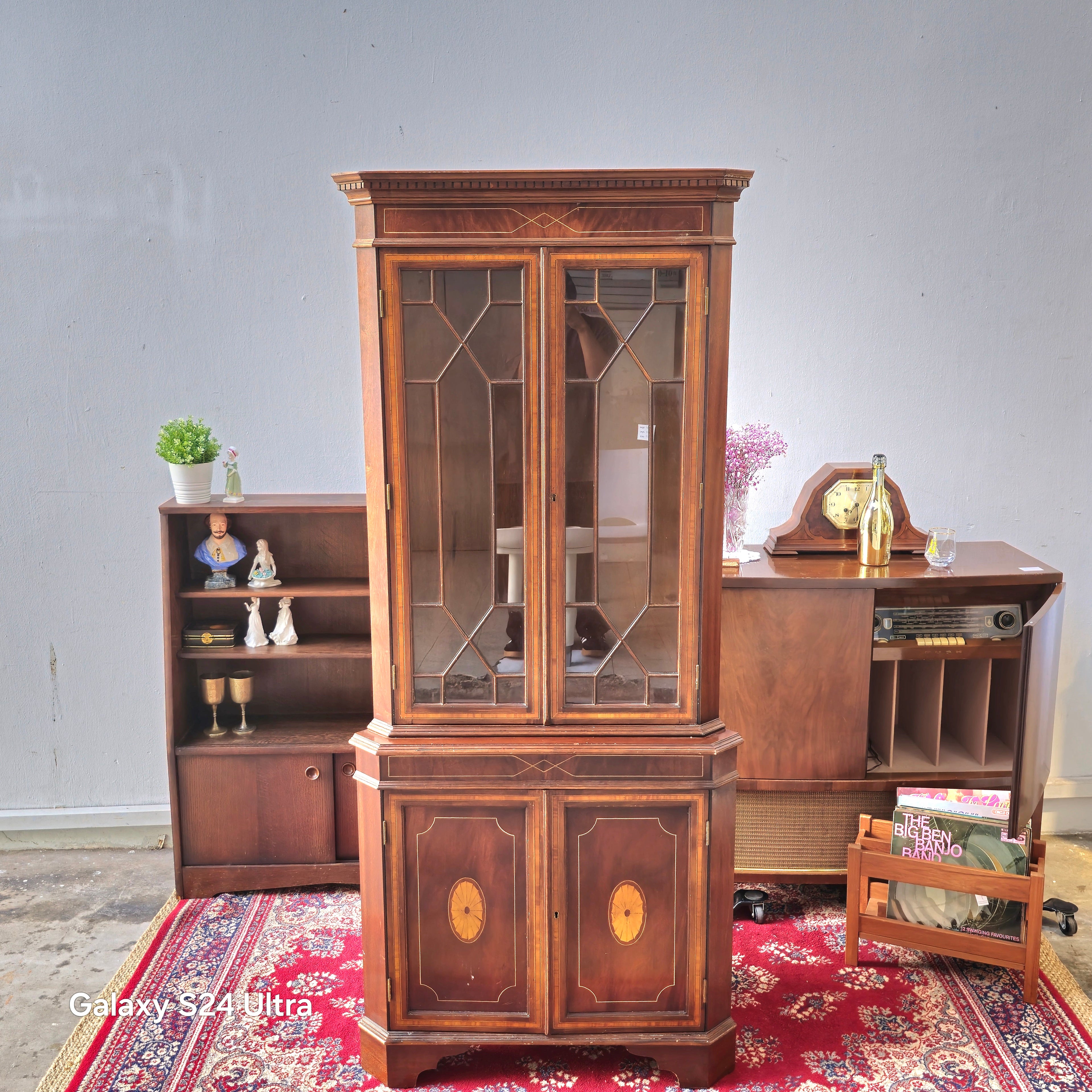Antique Edwardian Mahogany Corner Display Cabinet, Glazed Doors & Inlay, c. 1900s
