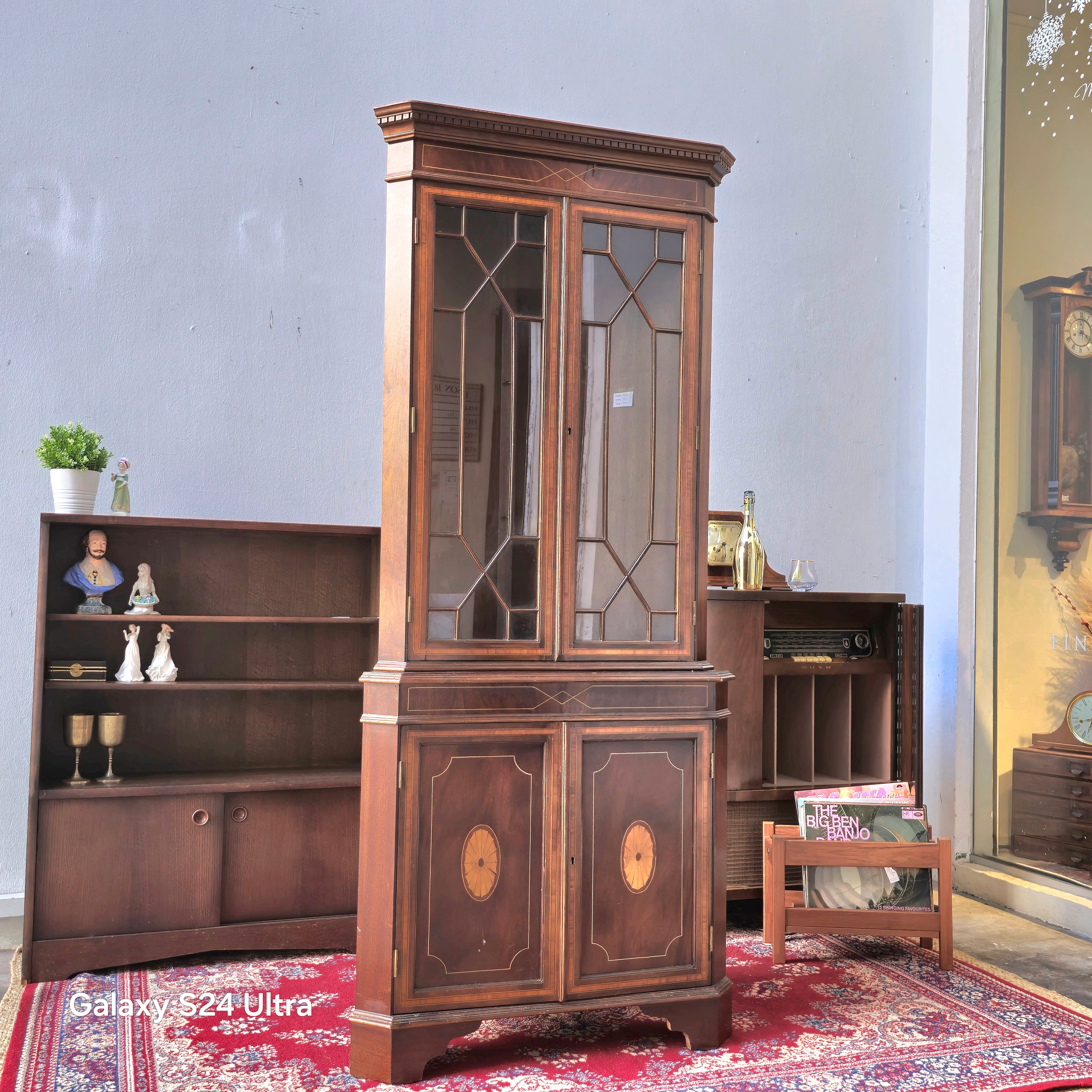 Antique Edwardian Mahogany Corner Display Cabinet, Glazed Doors & Inlay, c. 1900s